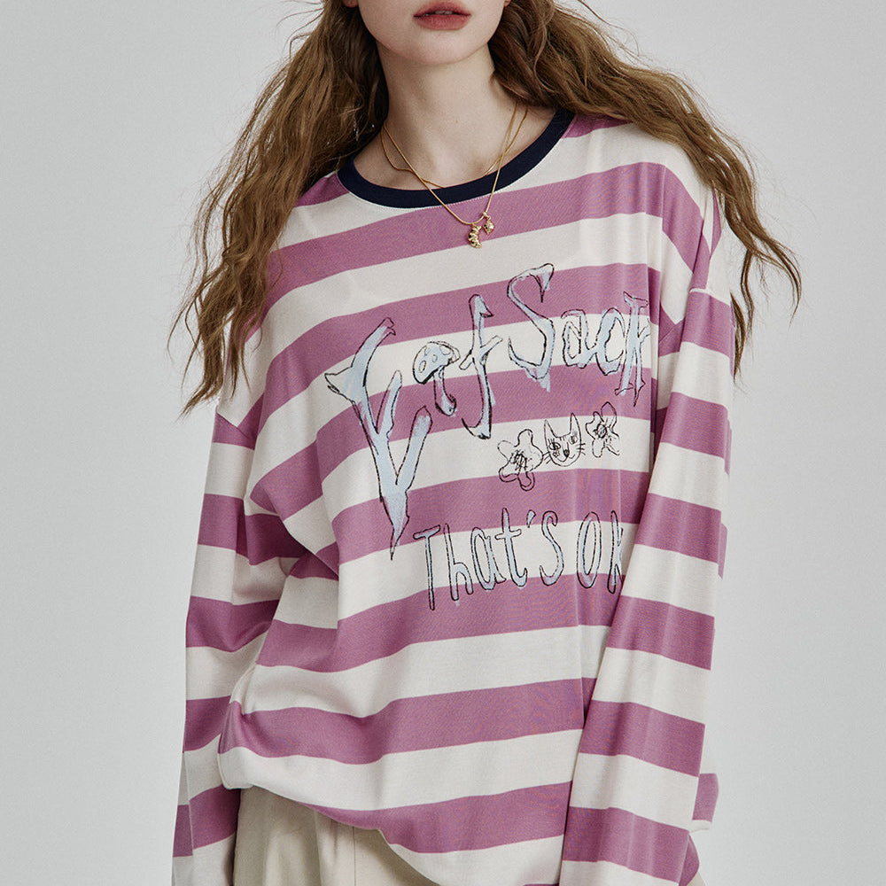 ELFSACK 2025 Spring New Arrivals Y2K Striped Letters Printed Long Sleeve T-Shirt Women Goth Loose Casual Top