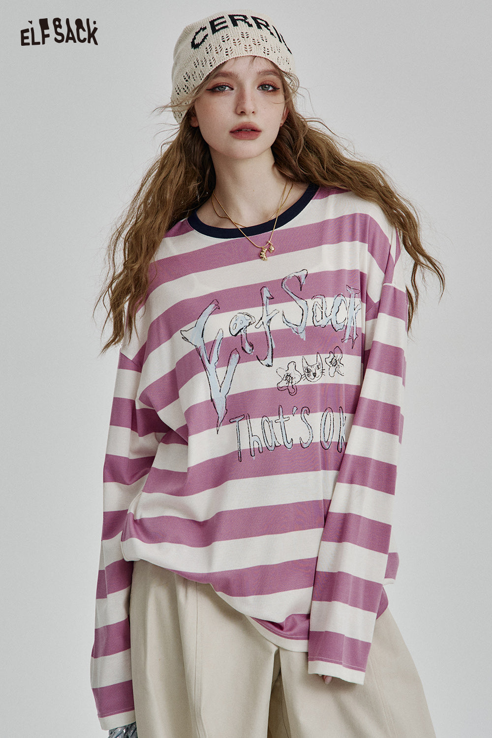 ELFSACK 2025 Spring New Arrivals Y2K Striped Letters Printed Long Sleeve T-Shirt Women Goth Loose Casual Top