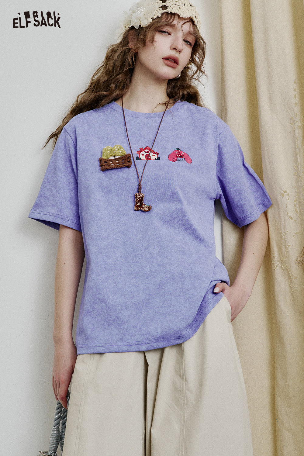ELFSACK Dopamine Casual Versatile Printed Short Sleeve Slim T-shirt Women