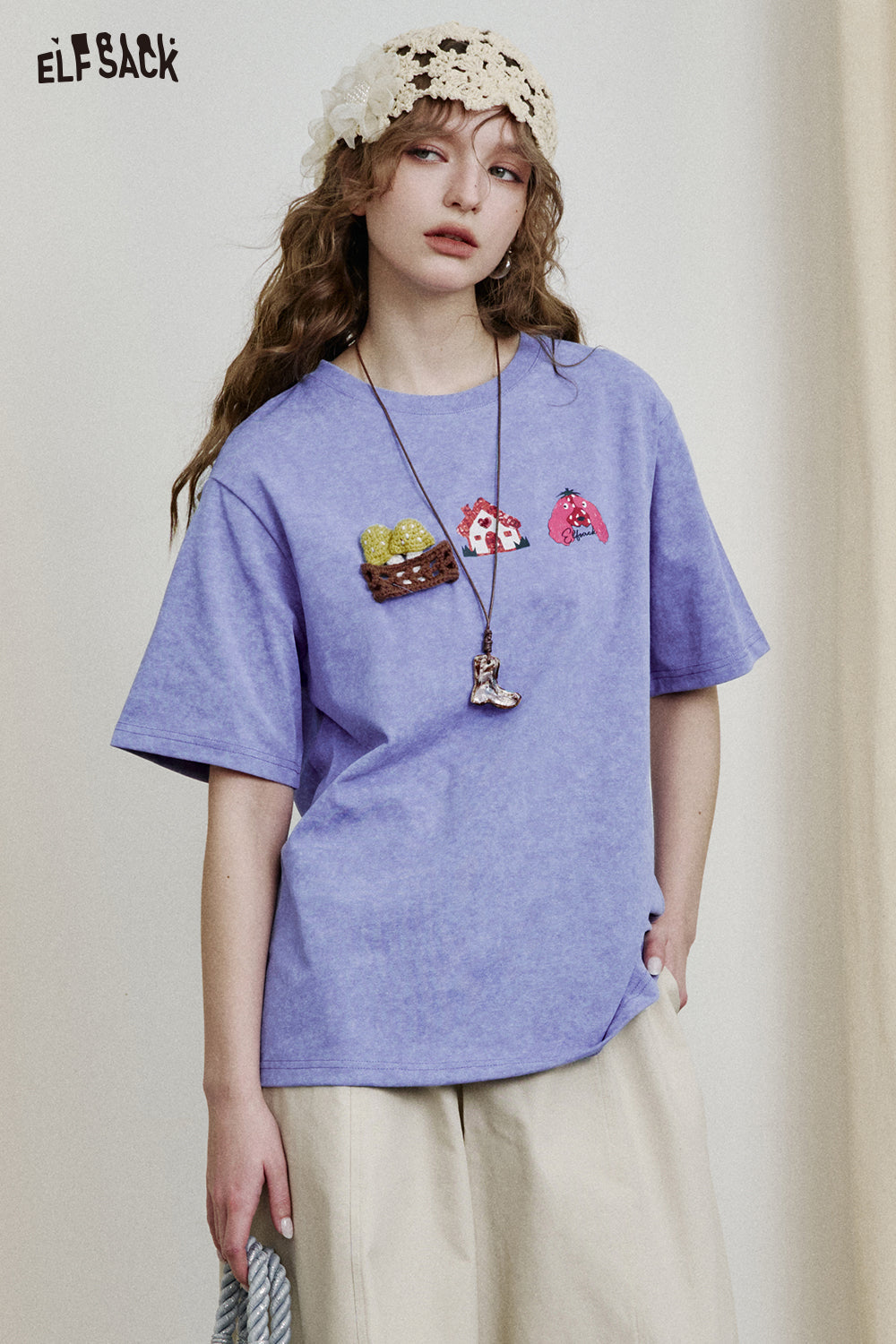 ELFSACK Dopamine Casual Versatile Printed Short Sleeve Slim T-shirt Women