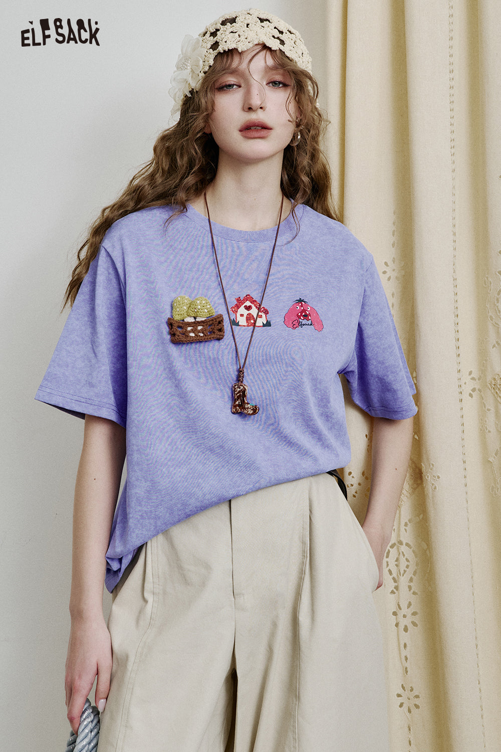 ELFSACK Dopamine Casual Versatile Printed Short Sleeve Slim T-shirt Women