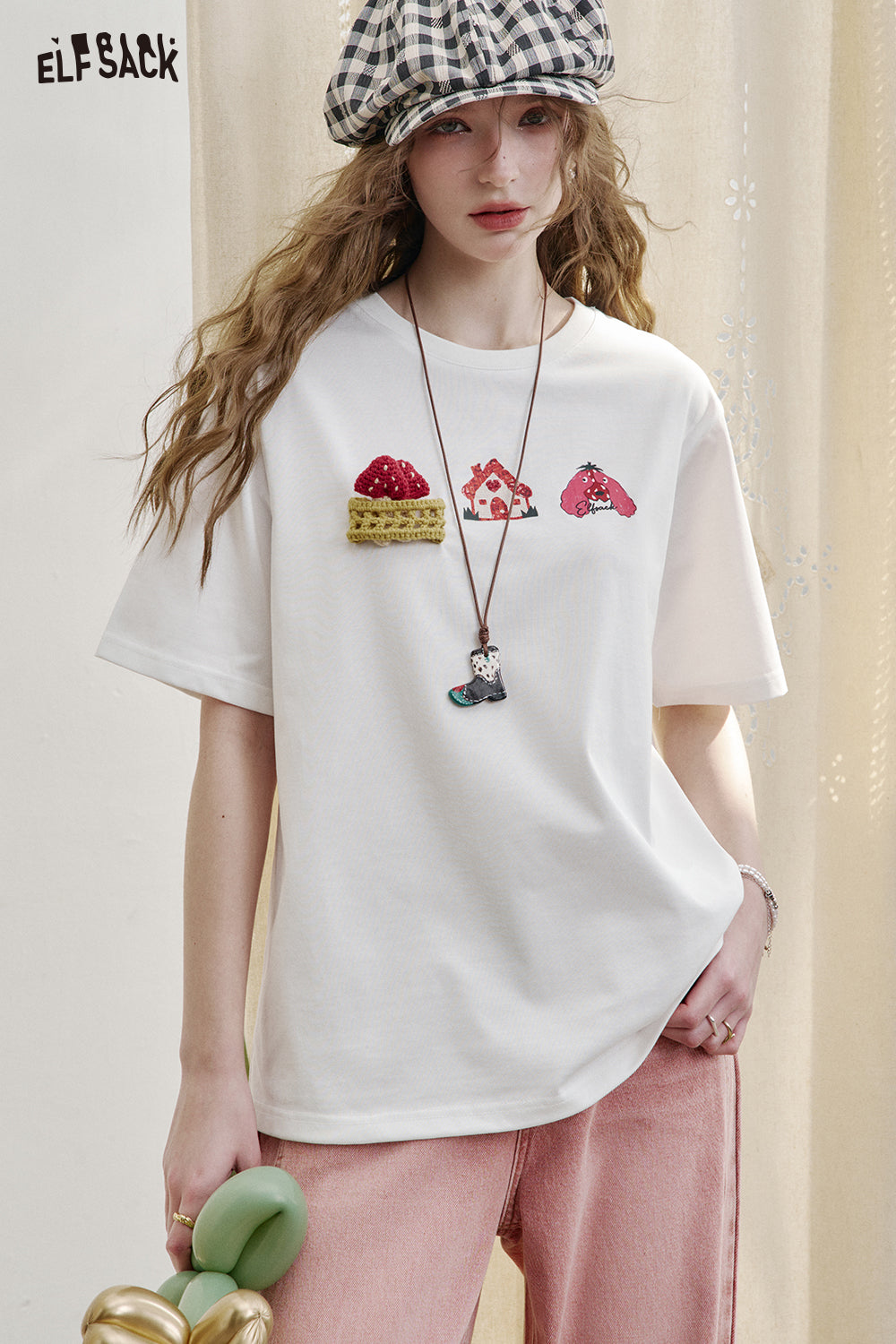 ELFSACK Dopamine Casual Versatile Printed Short Sleeve Slim T-shirt Women