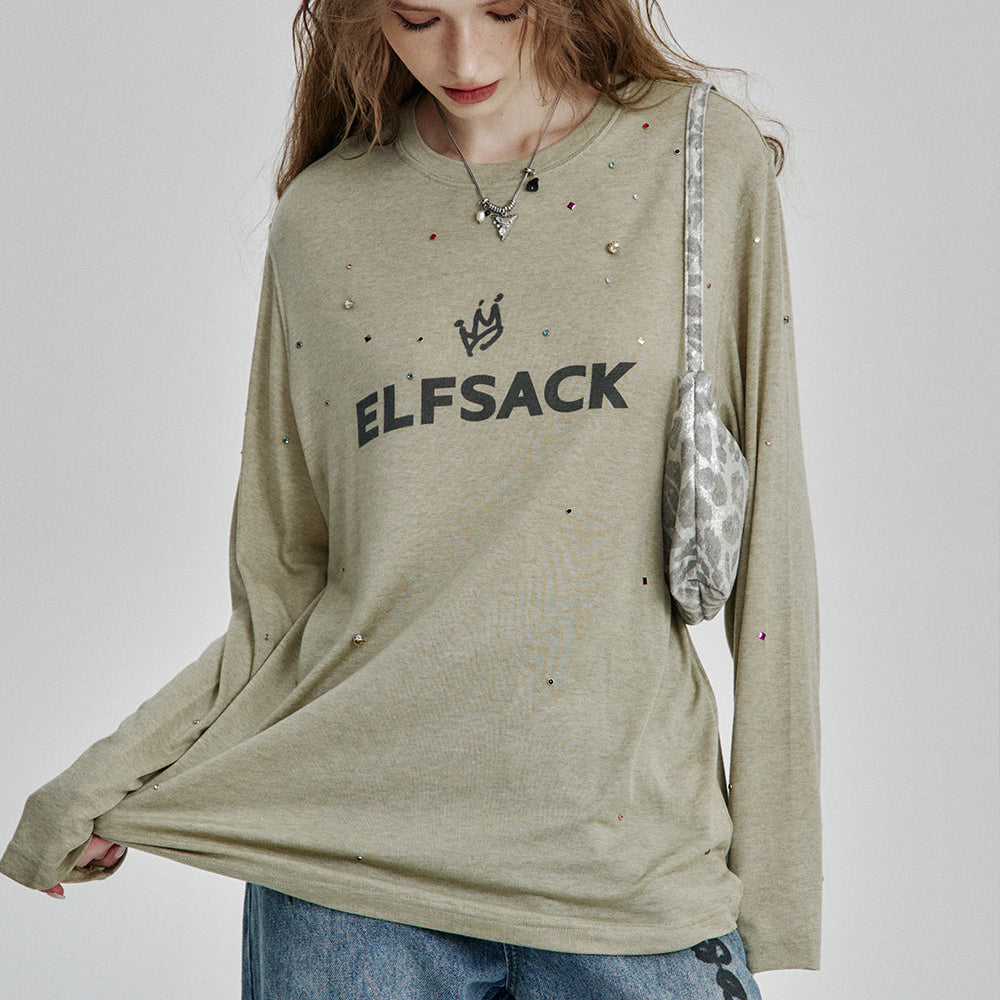 ELFSACK 2025 Spring New Arrivals Vintage Diamonds Letter Print Long Sleeve T-Shirt Women Streetwear Casual Loose Top