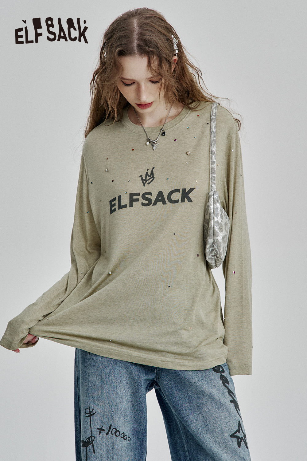 ELFSACK 2025 Spring New Arrivals Vintage Diamonds Letter Print Long Sleeve T-Shirt Women Streetwear Casual Loose Top