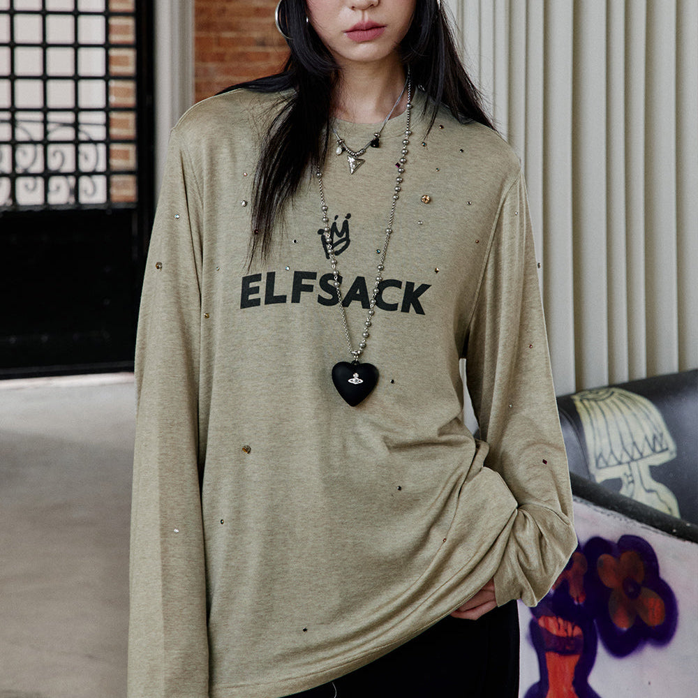 ELFSACK 2025 Spring New Arrivals Vintage Diamonds Letter Print Long Sleeve T-Shirt Women Streetwear Casual Loose Top