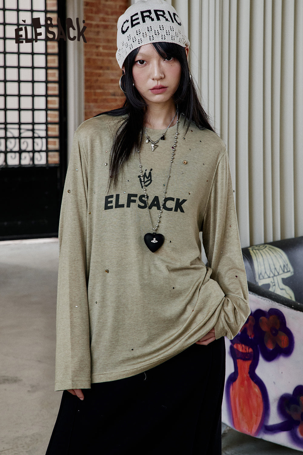 ELFSACK Vintage Diamonds Letter Print Long Sleeve T-Shirt Women Streetwear Casual Loose Top