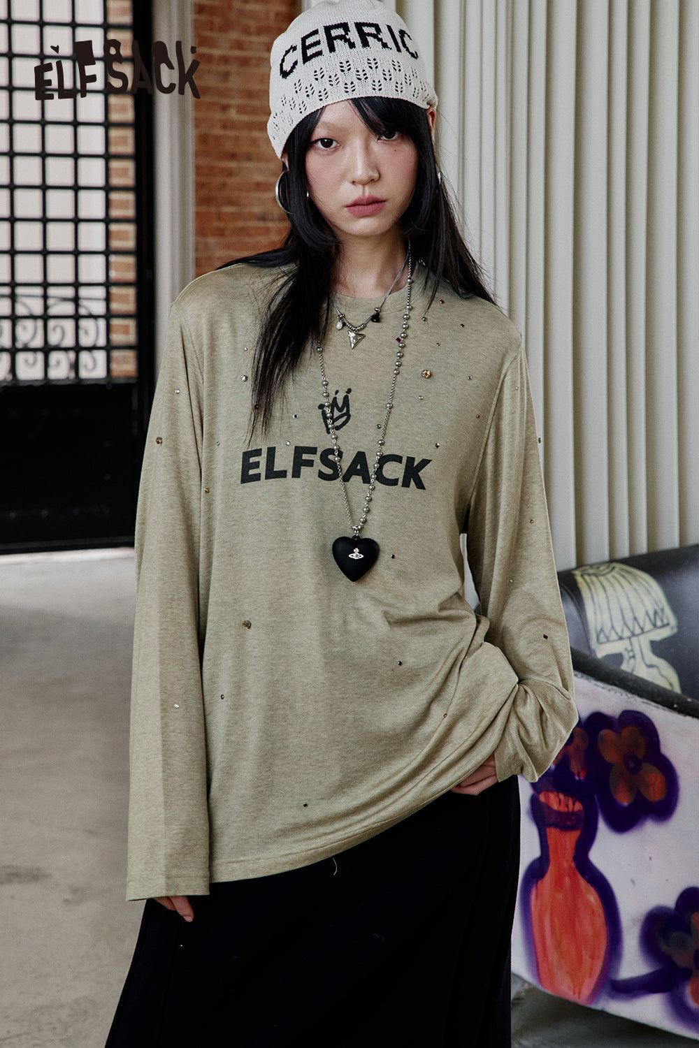 ELFSACK 2025 Spring New Arrivals Vintage Diamonds Letter Print Long Sleeve T-Shirt Women Streetwear Casual Loose Top