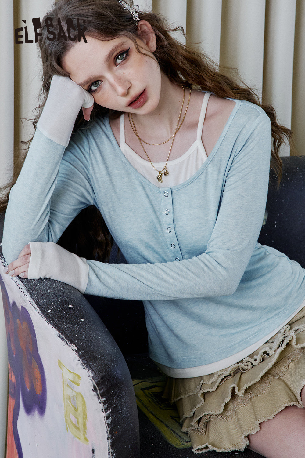 ELFSACK Contrast Color Splicing Long Sleeve T-Shirt Women Sexy Sweet Fake Two Pieces Tops