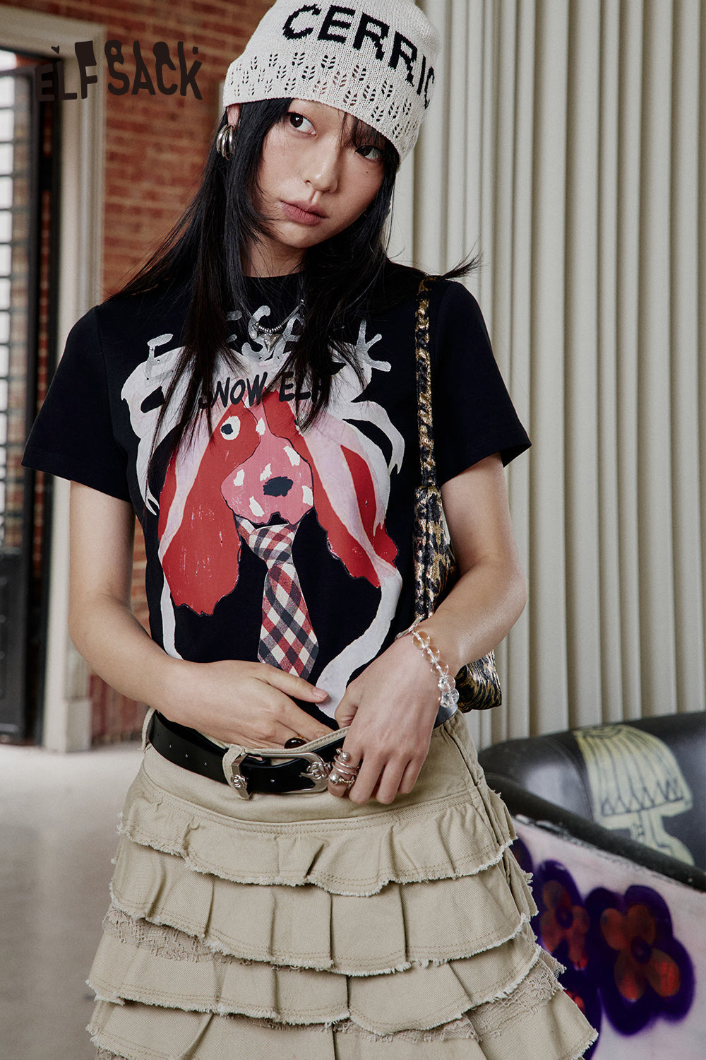 ELFSACK Y2K Printed Short Sleeve T-Shirt Women Sweet and Cool Short Top