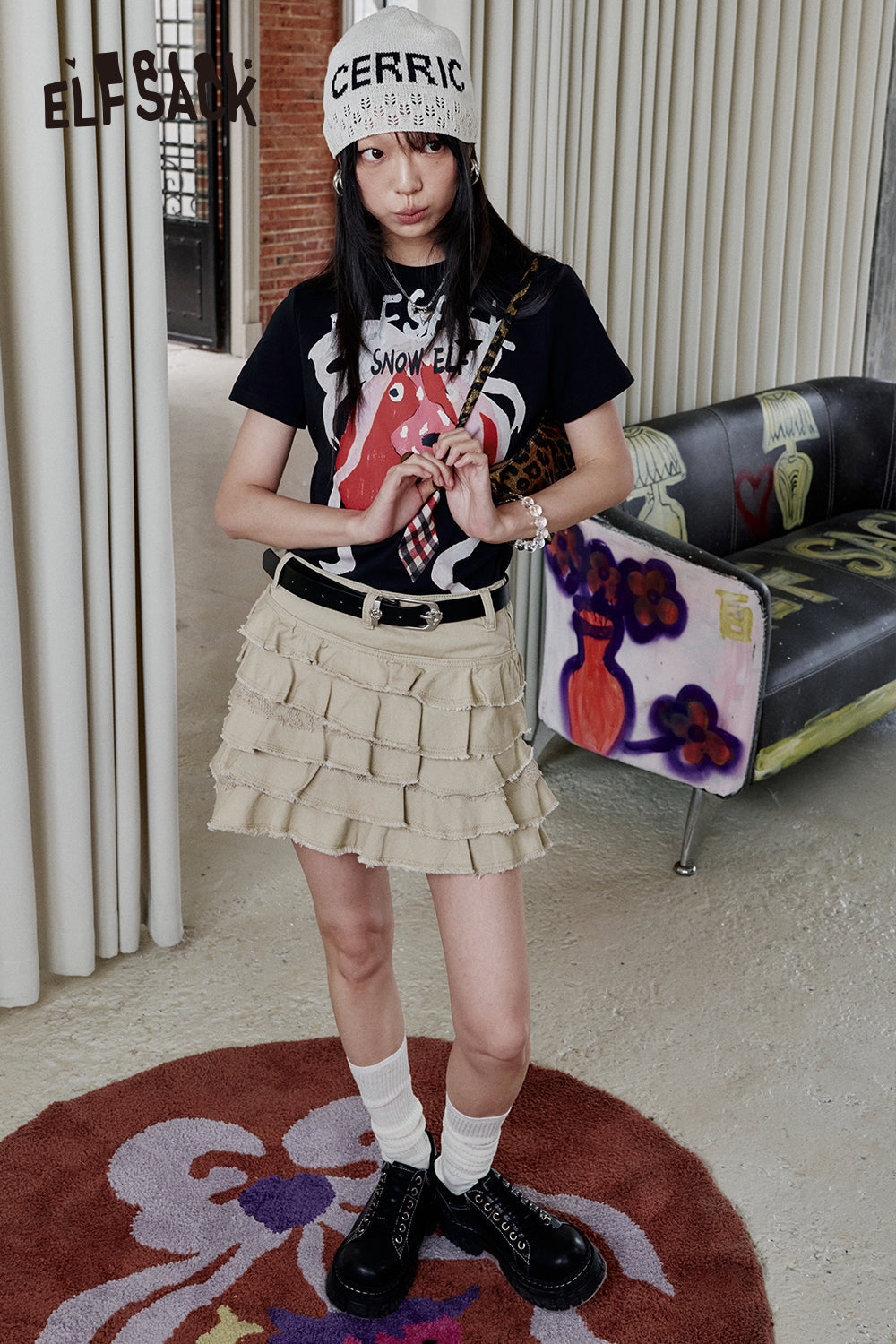 ELFSACK Y2K Printed Short Sleeve T-Shirt Women Sweet and Cool Short Top