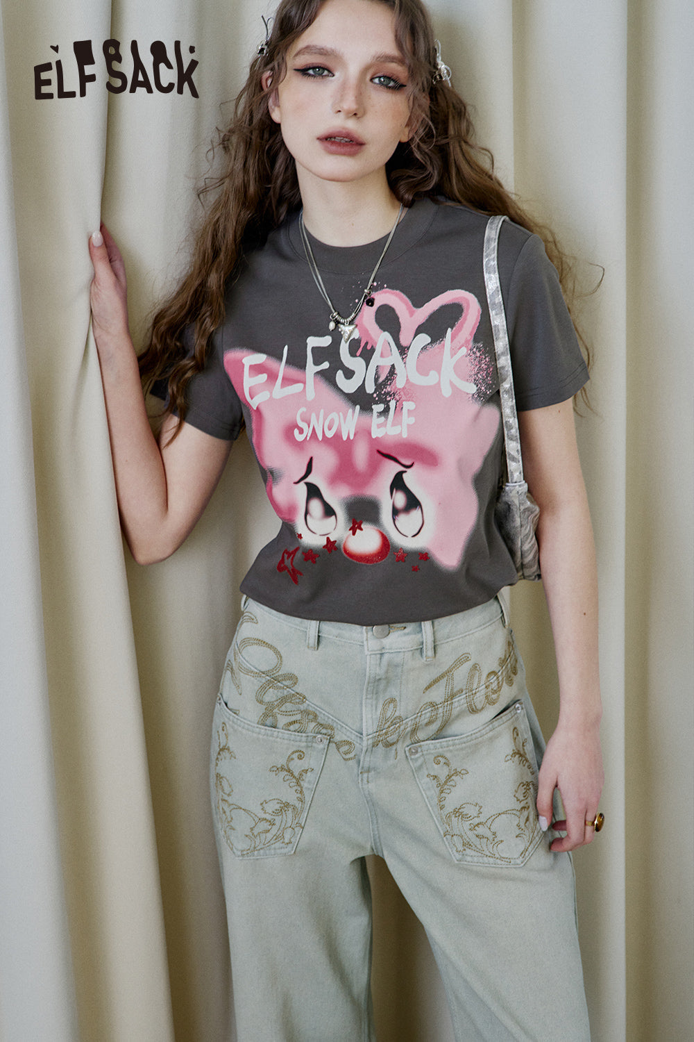 ELFSACK Y2K Printed Short Sleeve T-Shirt Women Sweet and Cool Short Top