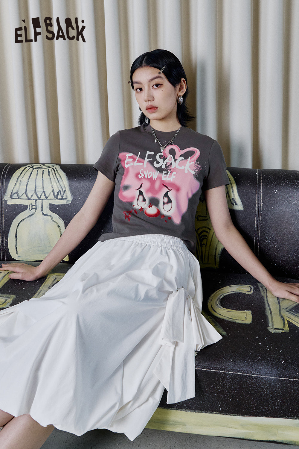 ELFSACK Y2K Printed Short Sleeve T-Shirt Women Sweet and Cool Short Top