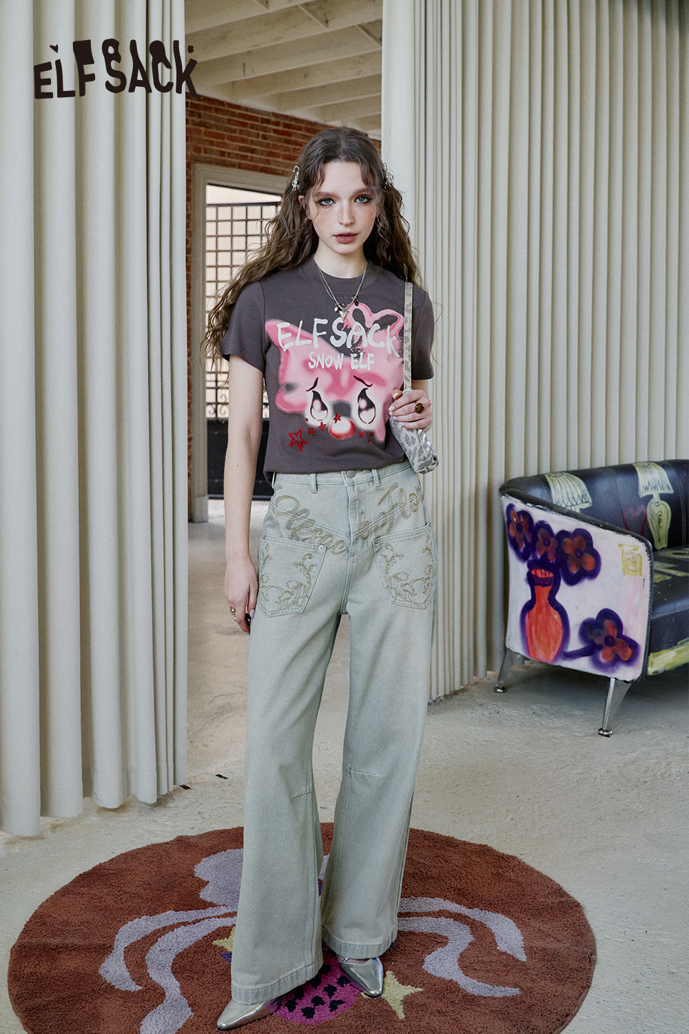 ELFSACK Y2K Printed Short Sleeve T-Shirt Women Sweet and Cool Short Top