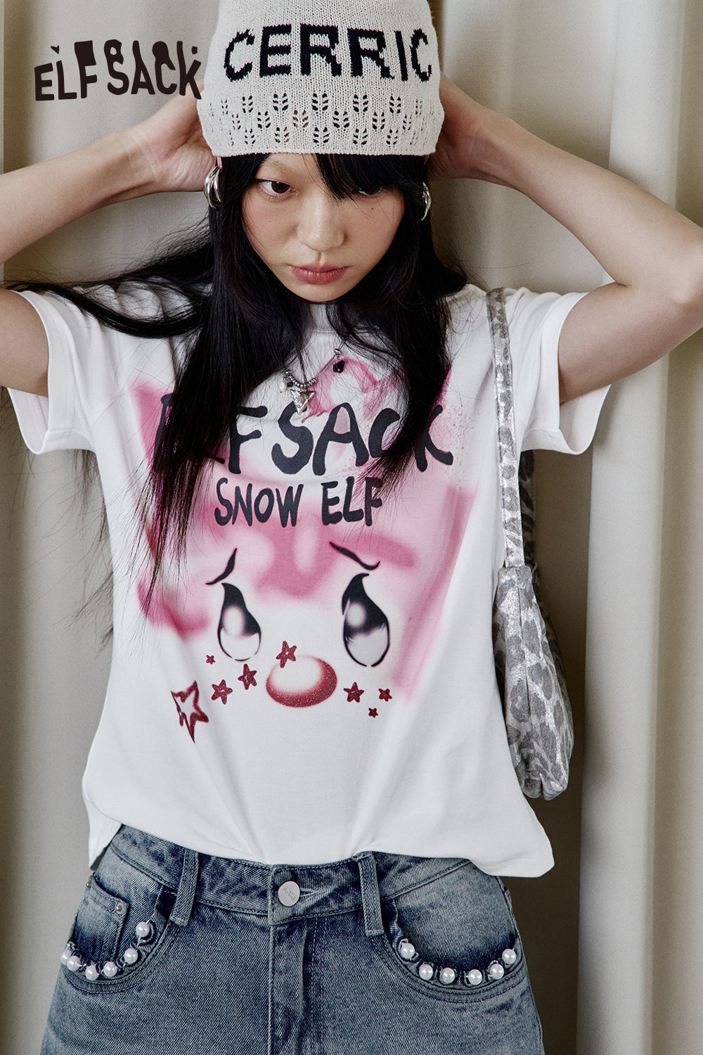 ELFSACK Y2K Printed Short Sleeve T-Shirt Women Sweet and Cool Short Top