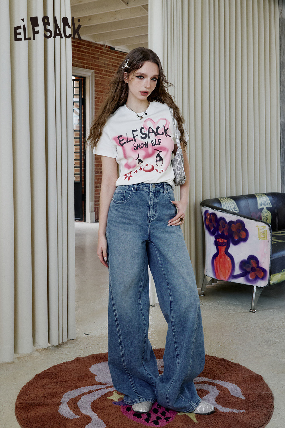 ELFSACK Y2K Printed Short Sleeve T-Shirt Women Sweet and Cool Short Top
