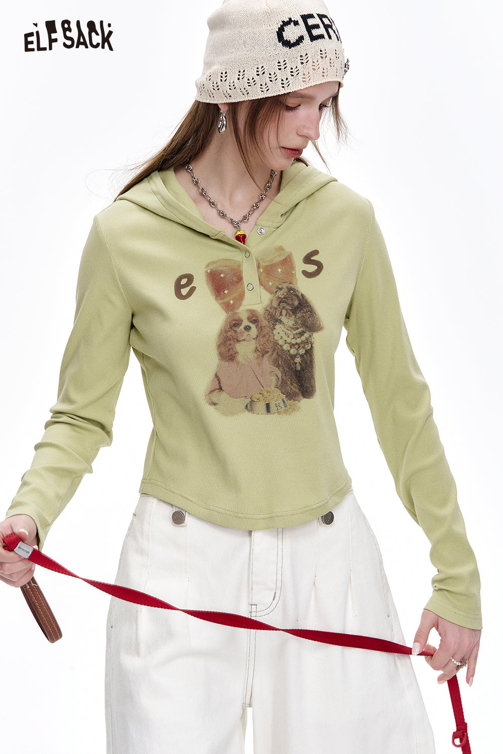 ELFSACK Cute Casual Puppy Printed Hooded Short T-shirt Women