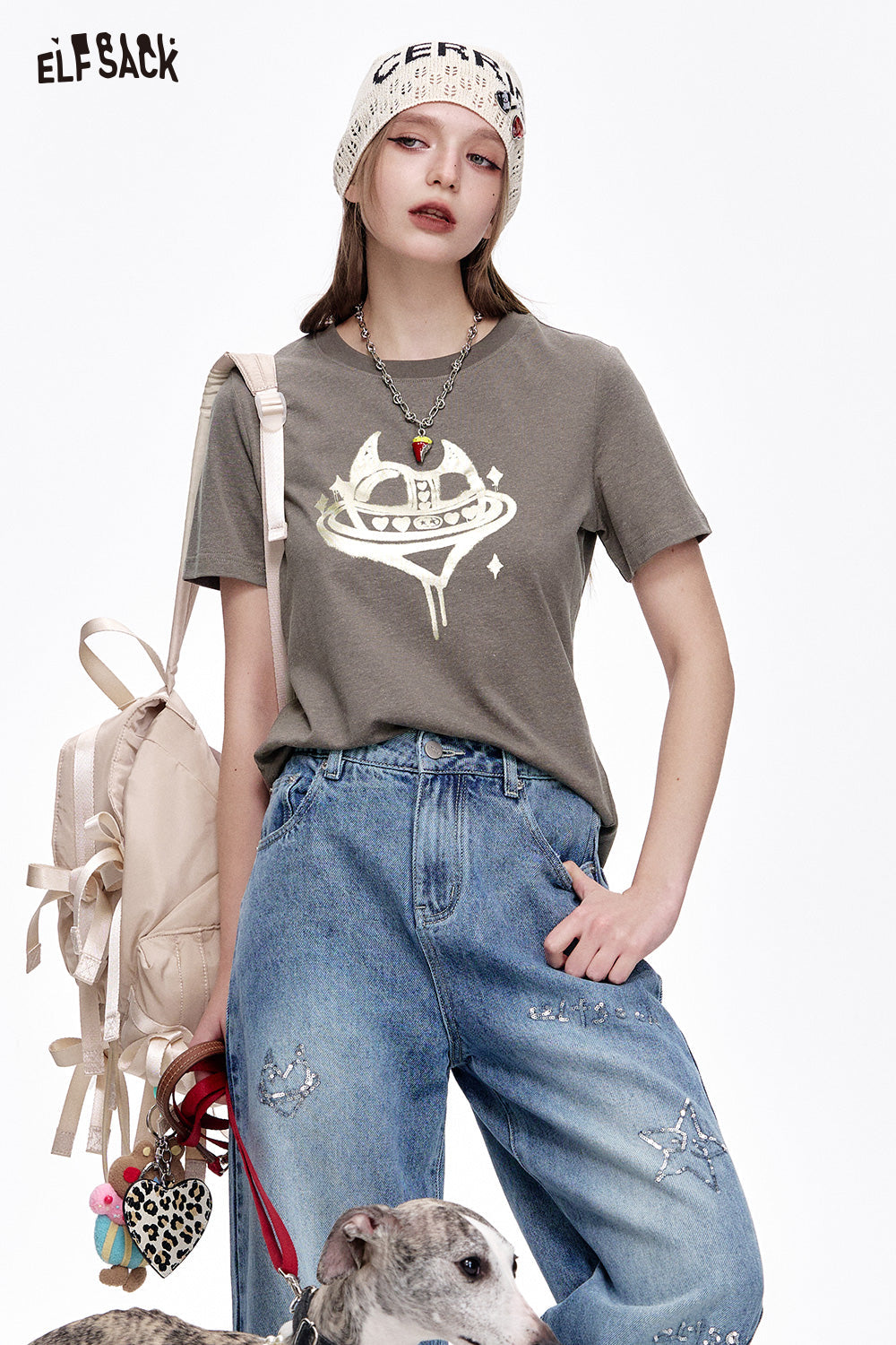 ELFSACK Sweet cool heart printed short sleeve slim T-shirt women