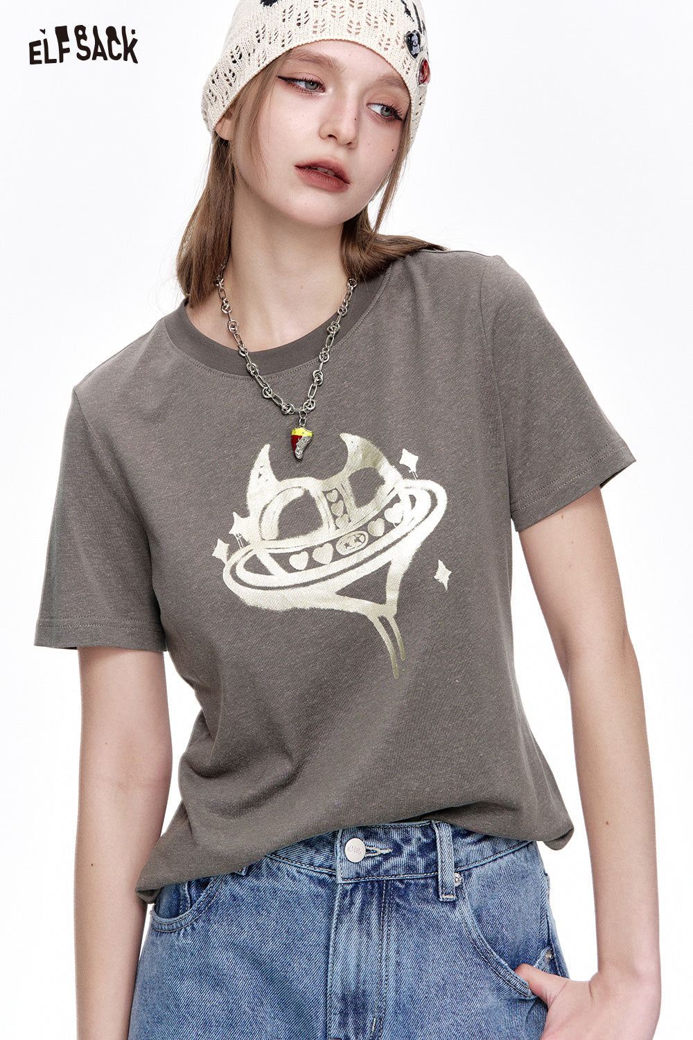 ELFSACK Sweet cool heart printed short sleeve slim T-shirt women