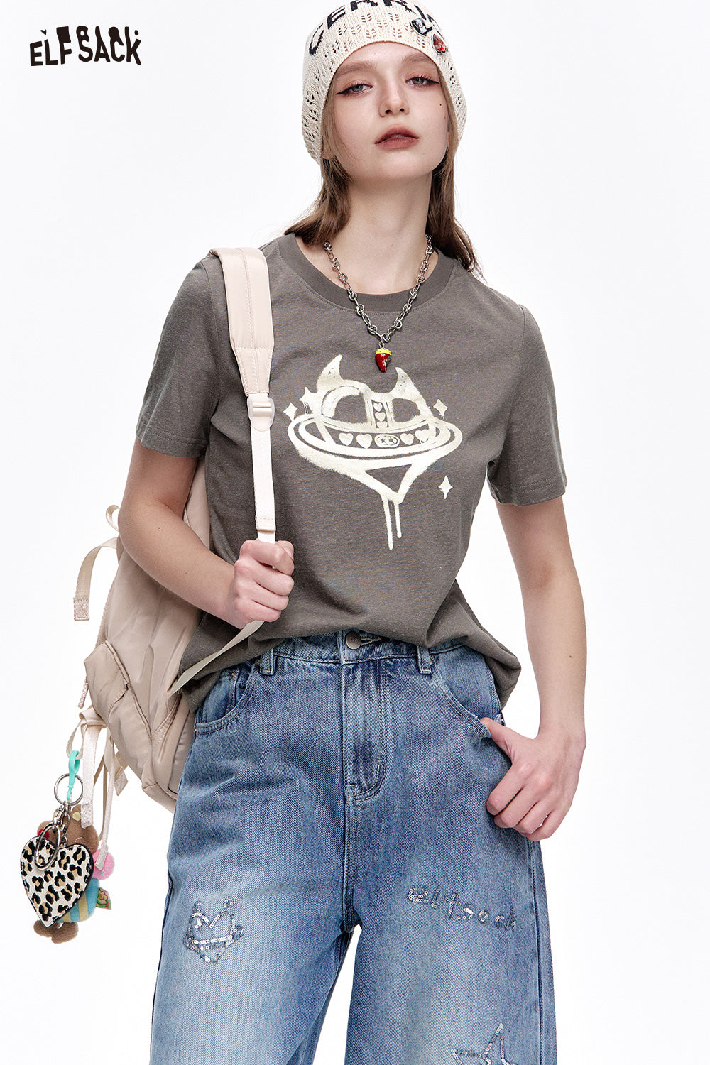 ELFSACK Sweet cool heart printed short sleeve slim T-shirt women