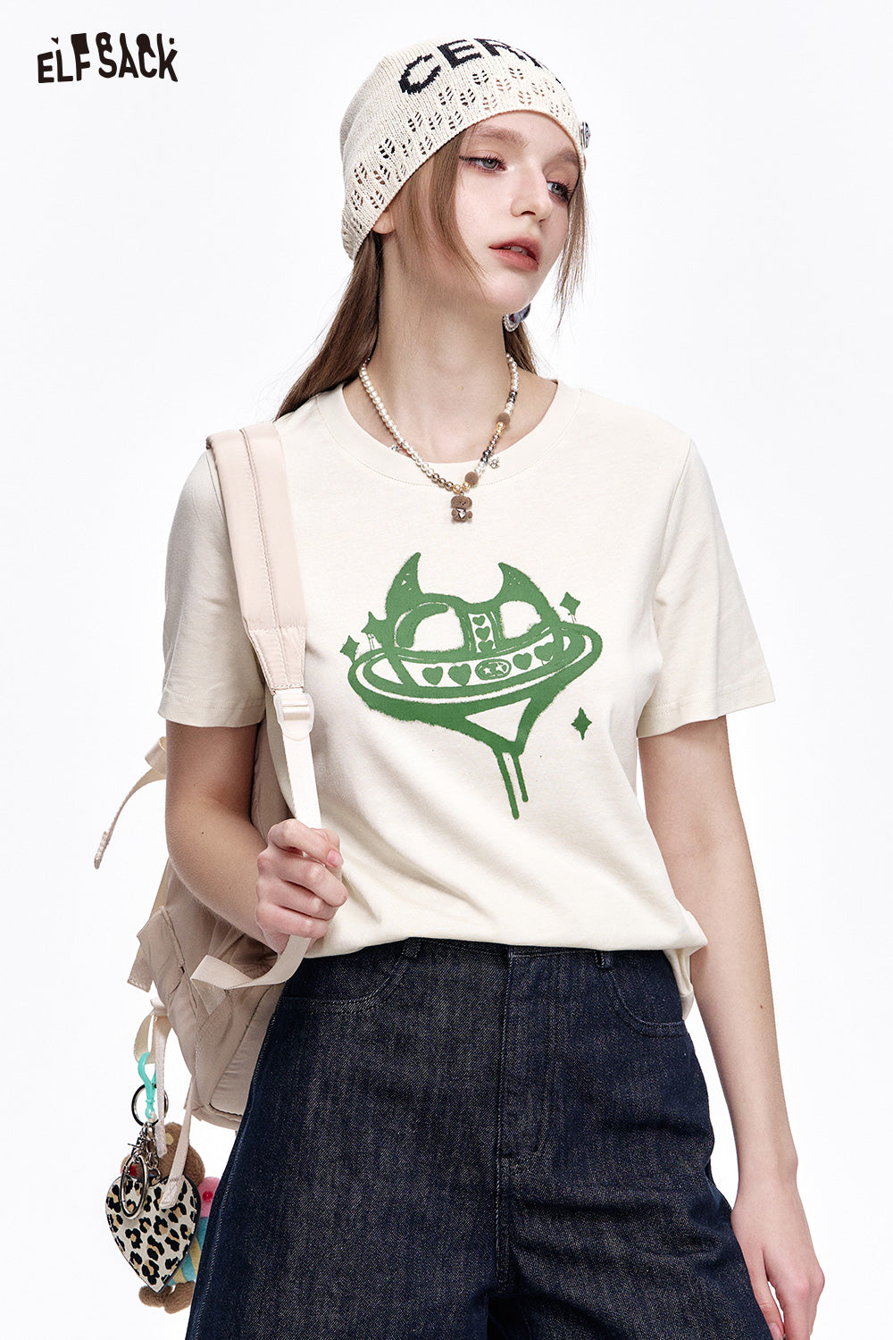 ELFSACK Sweet cool heart printed short sleeve slim T-shirt women