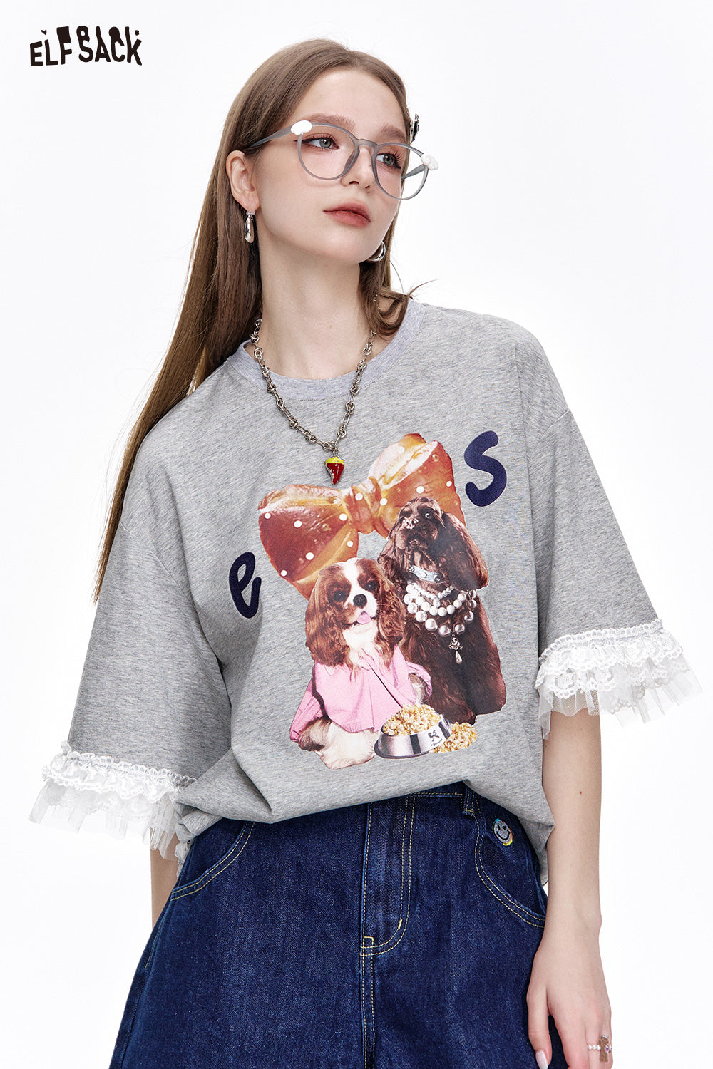 ELFSACK Y2K Casual Lace Stitching Grey Puppy Print Loose Short Sleeve T-Shirt Women
