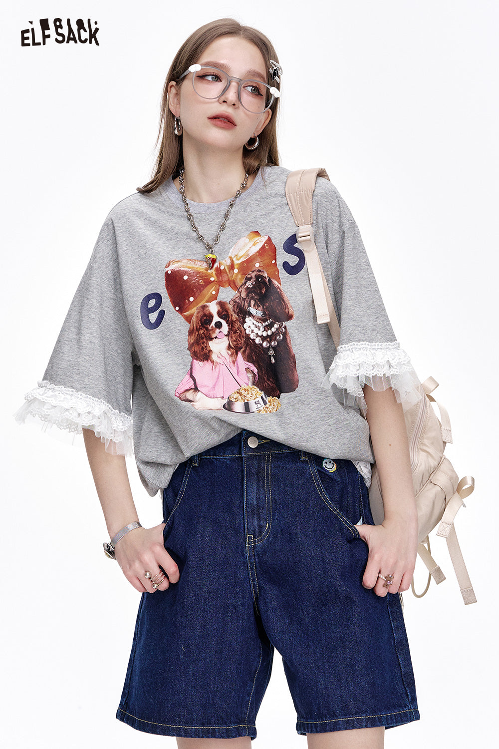 ELFSACK Y2K Casual Lace Stitching Grey Puppy Print Loose Short Sleeve T-Shirt Women