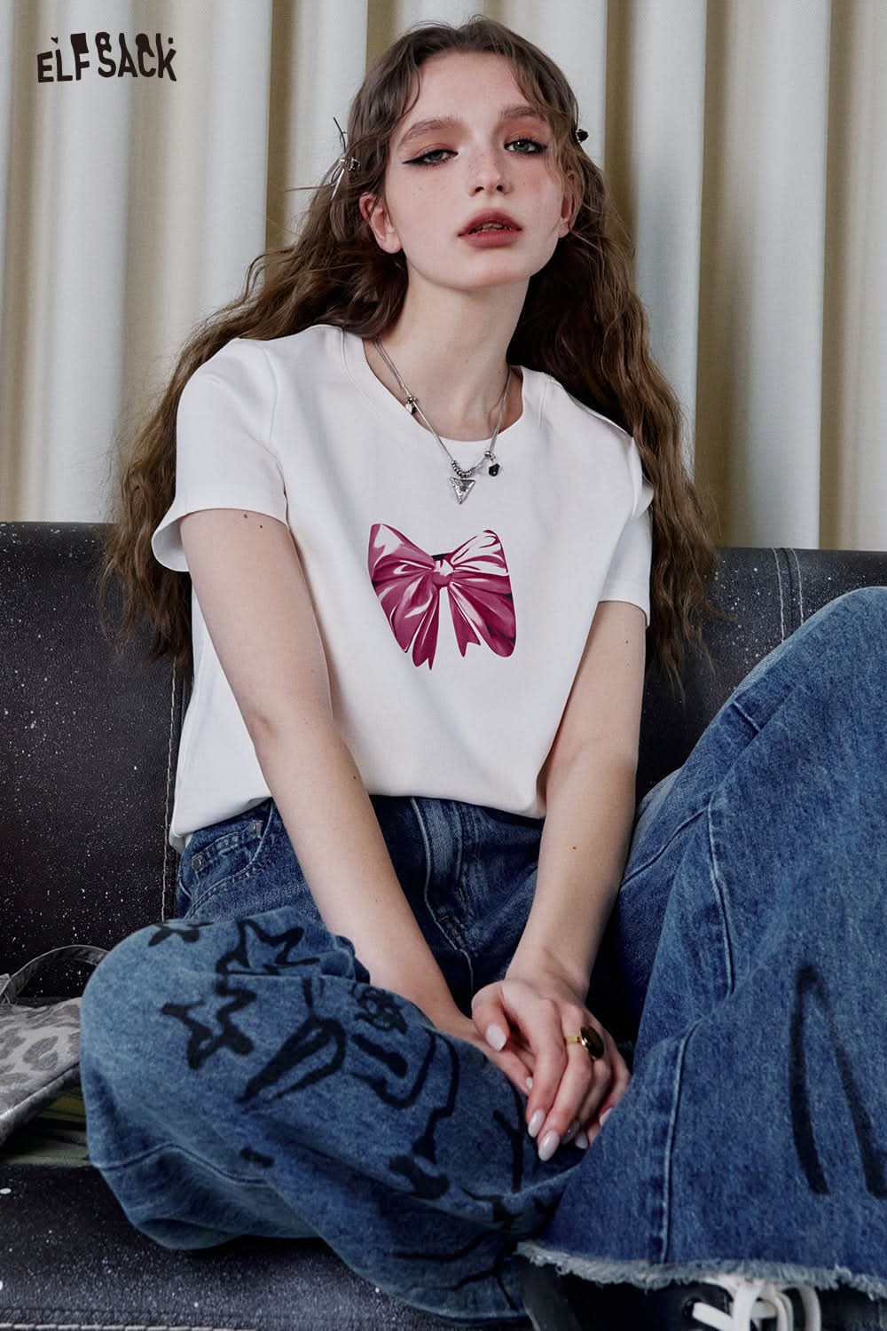 ELFSACK White Bow Print Short Sleeve T-Shirt Women Y2K Versatile Short Top