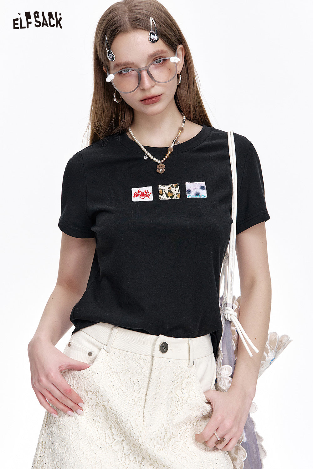 ELFSACK Casual Versatile Cartoon Print Slim Fit Short Sleeve T-shirt Women
