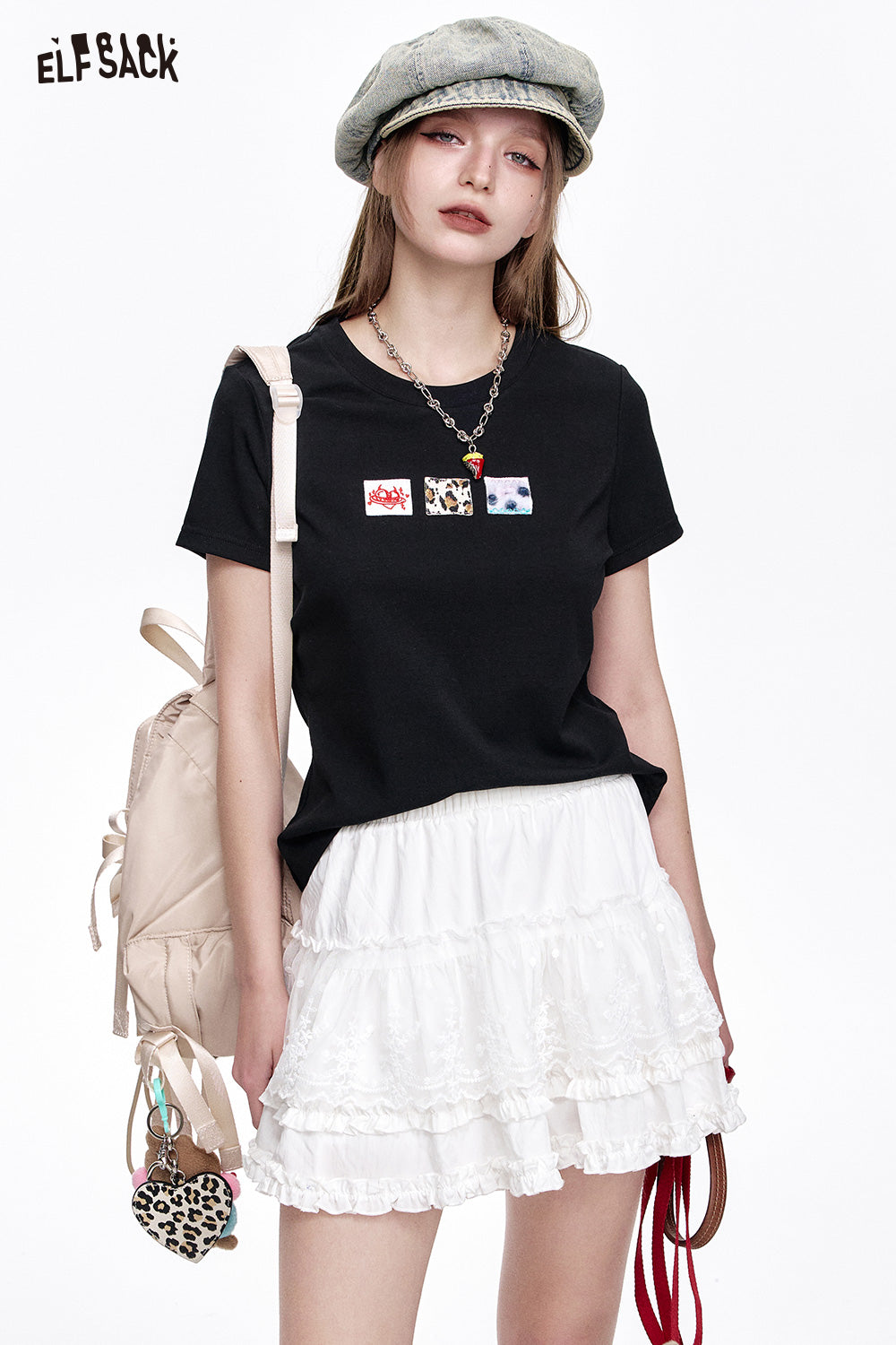 ELFSACK Casual Versatile Cartoon Print Slim Fit Short Sleeve T-shirt Women