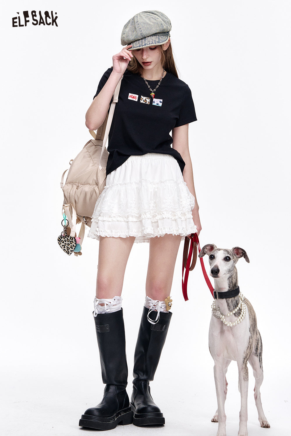 ELFSACK Casual Versatile Cartoon Print Slim Fit Short Sleeve T-shirt Women