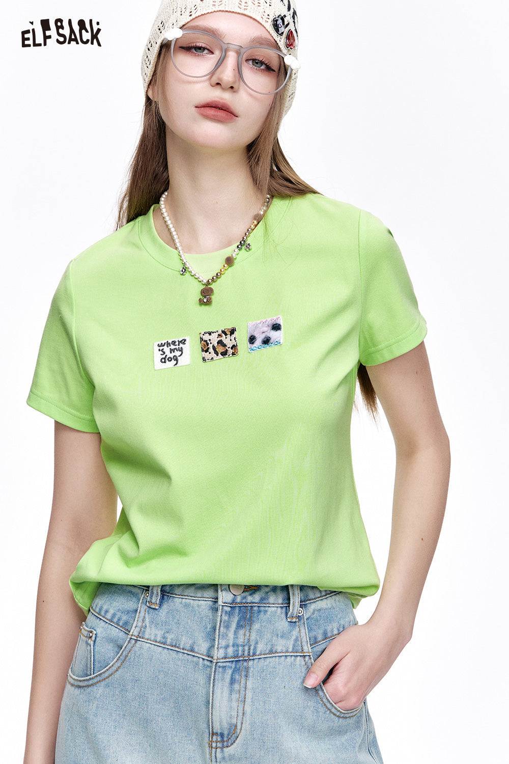 ELFSACK Casual Versatile Cartoon Print Slim Fit Short Sleeve T-shirt Women