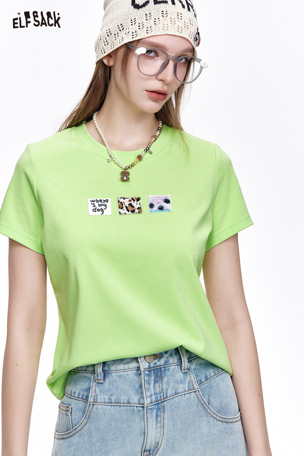 ELFSACK Casual Versatile Cartoon Print Slim Fit Short Sleeve T-shirt Women
