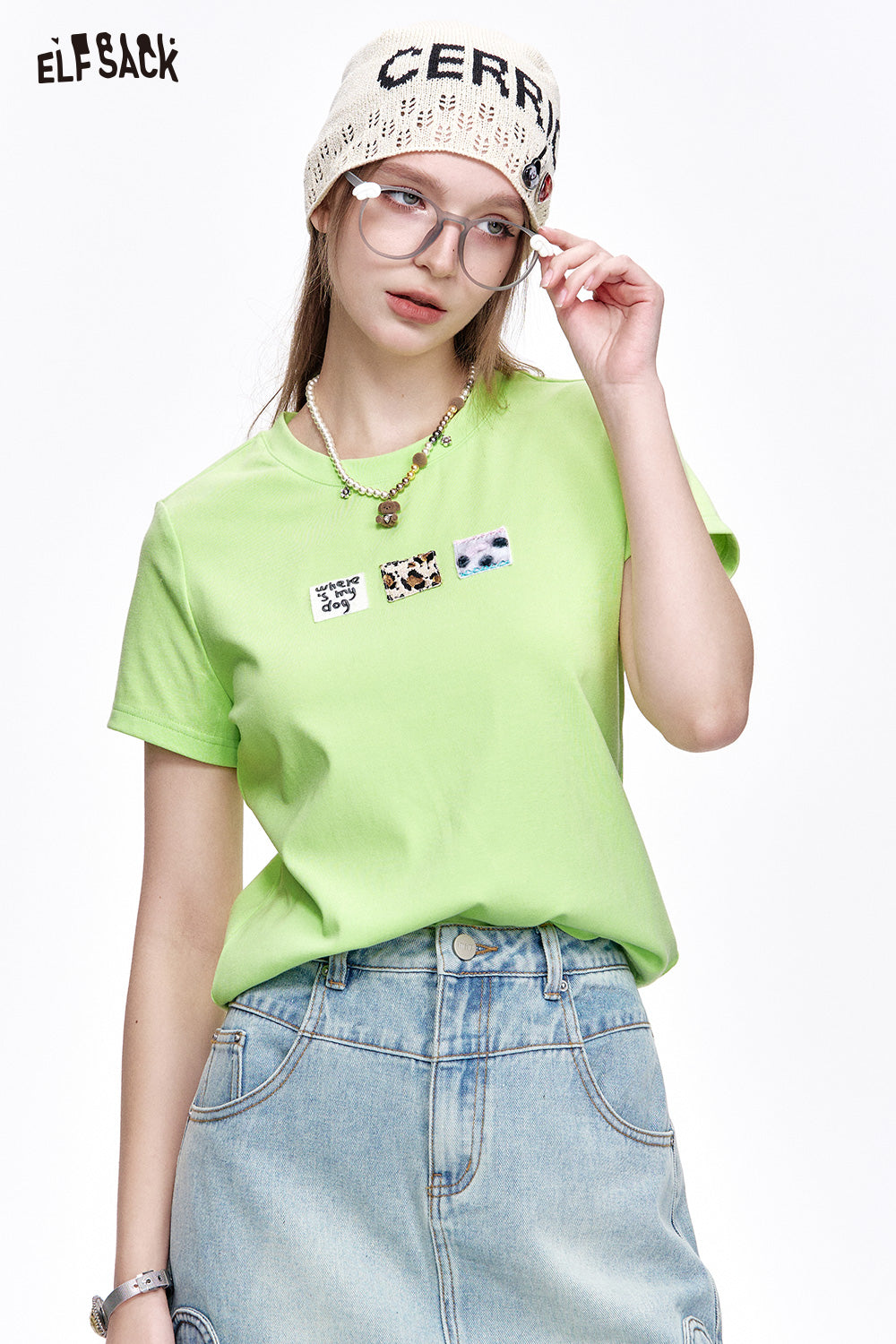 ELFSACK Casual Versatile Cartoon Print Slim Fit Short Sleeve T-shirt Women