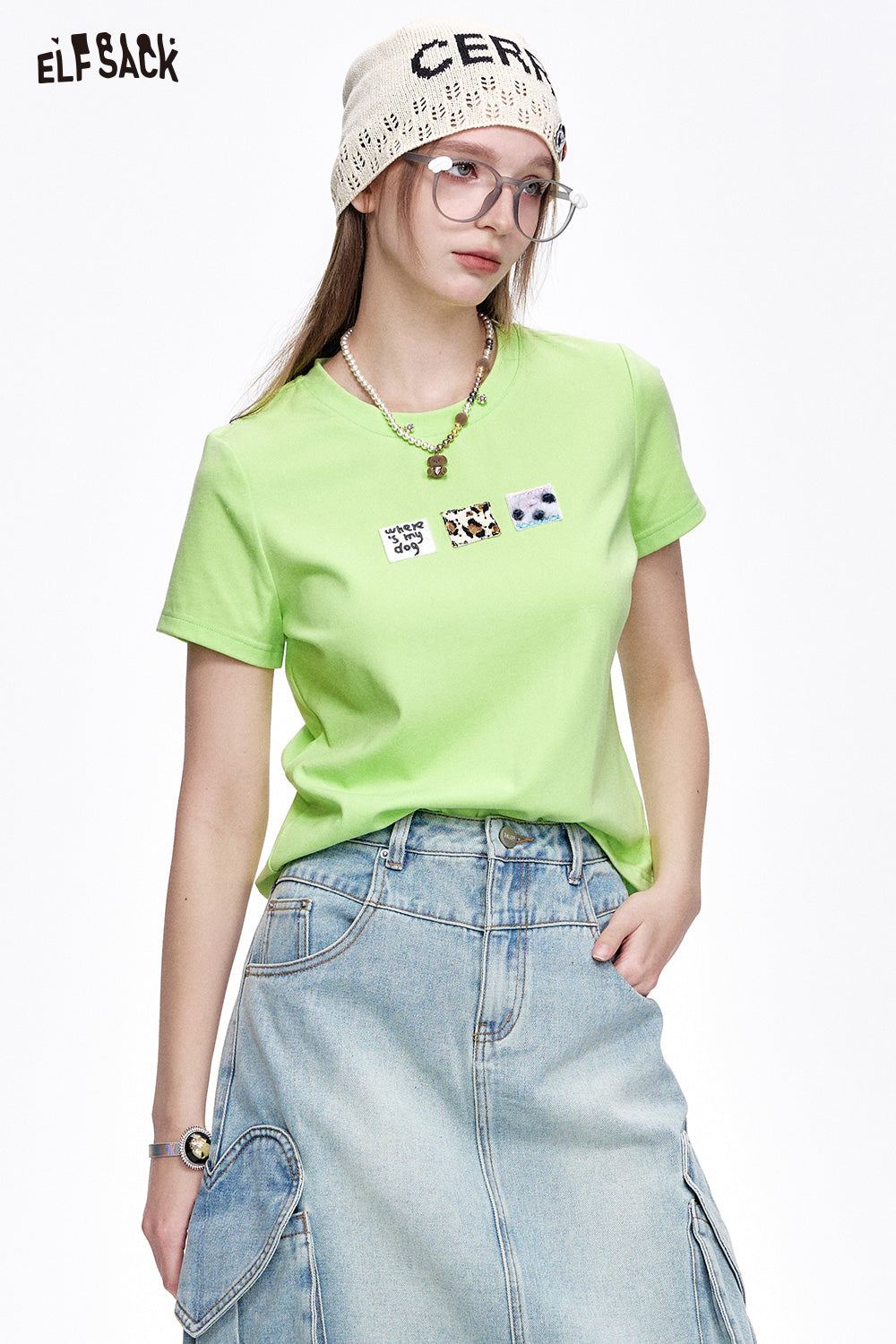 ELFSACK Casual Versatile Cartoon Print Slim Fit Short Sleeve T-shirt Women