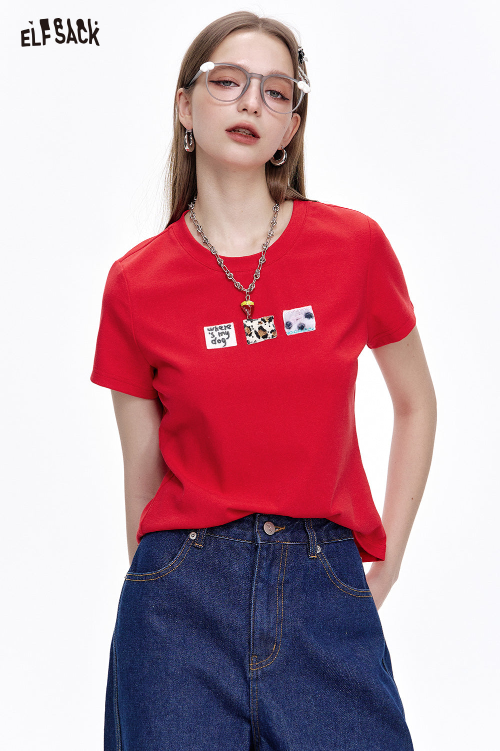 ELFSACK Casual Versatile Cartoon Print Slim Fit Short Sleeve T-shirt Women