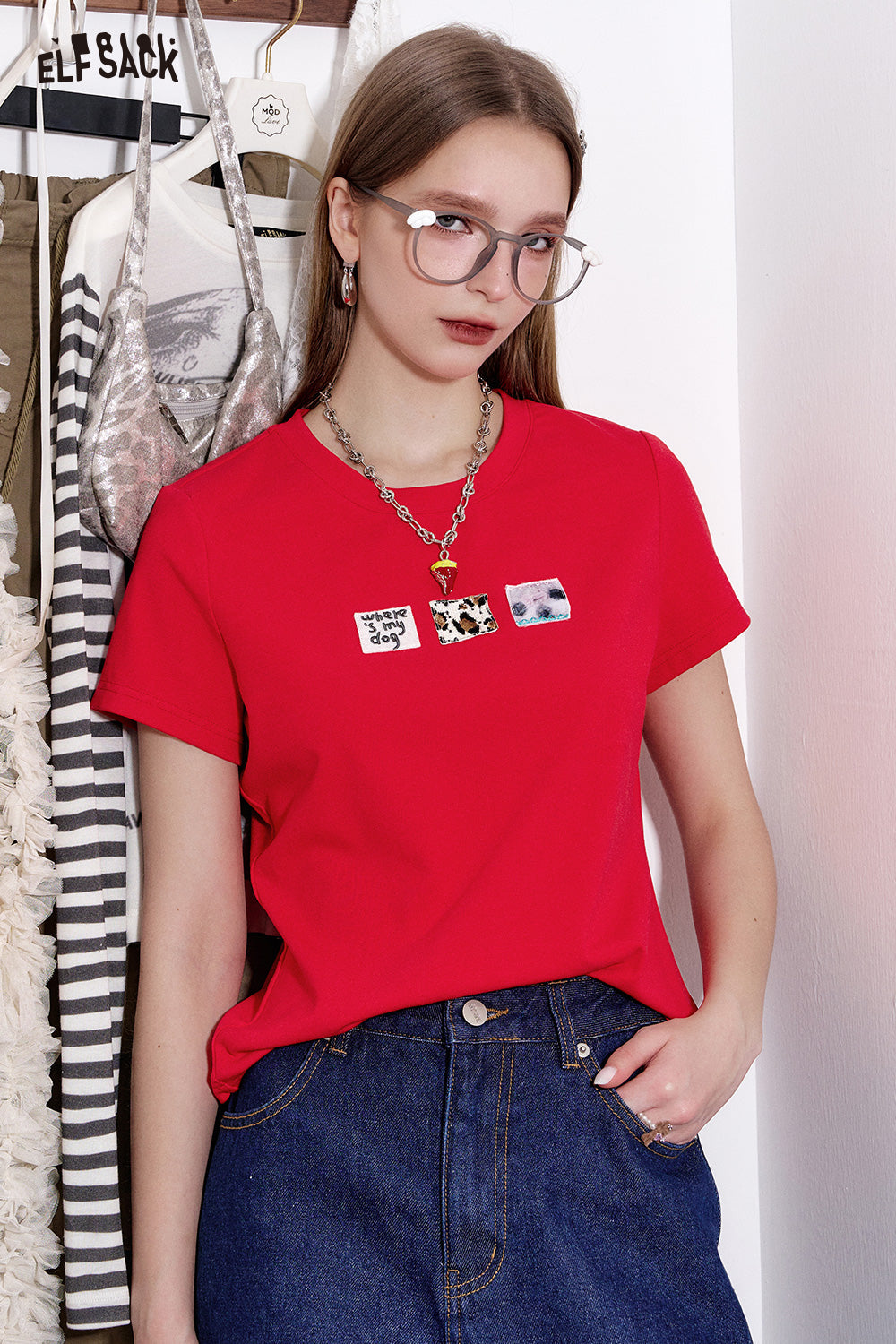 ELFSACK Casual Versatile Cartoon Print Slim Fit Short Sleeve T-shirt Women