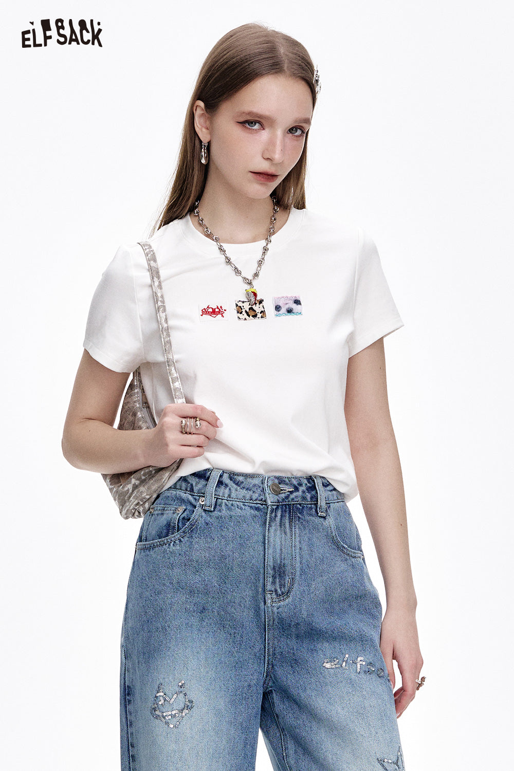 ELFSACK Casual Versatile Cartoon Print Slim Fit Short Sleeve T-shirt Women