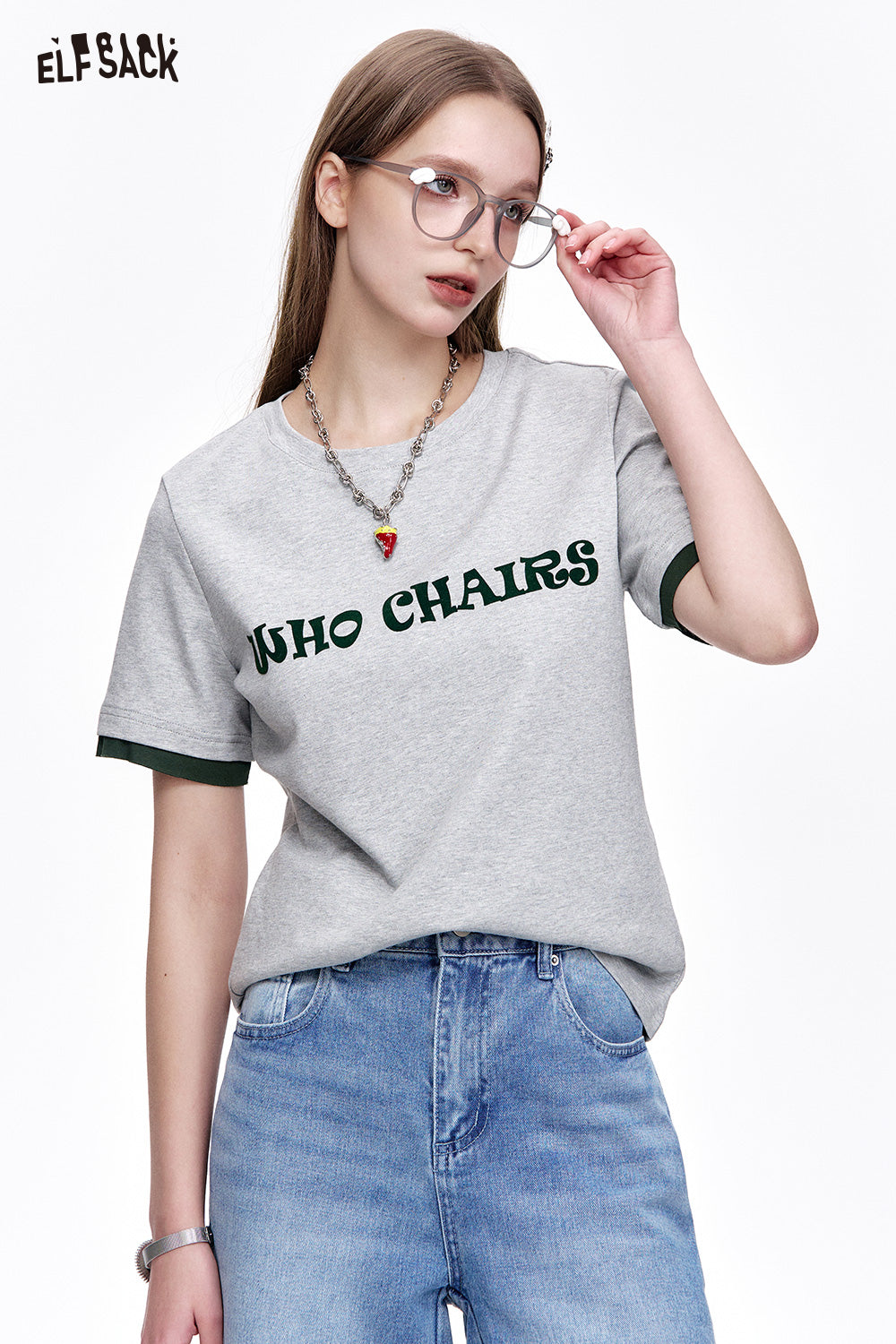 ELFSACK Versatile Letter Print Slim Fit Cotton Short Sleeve T-Shirt Women