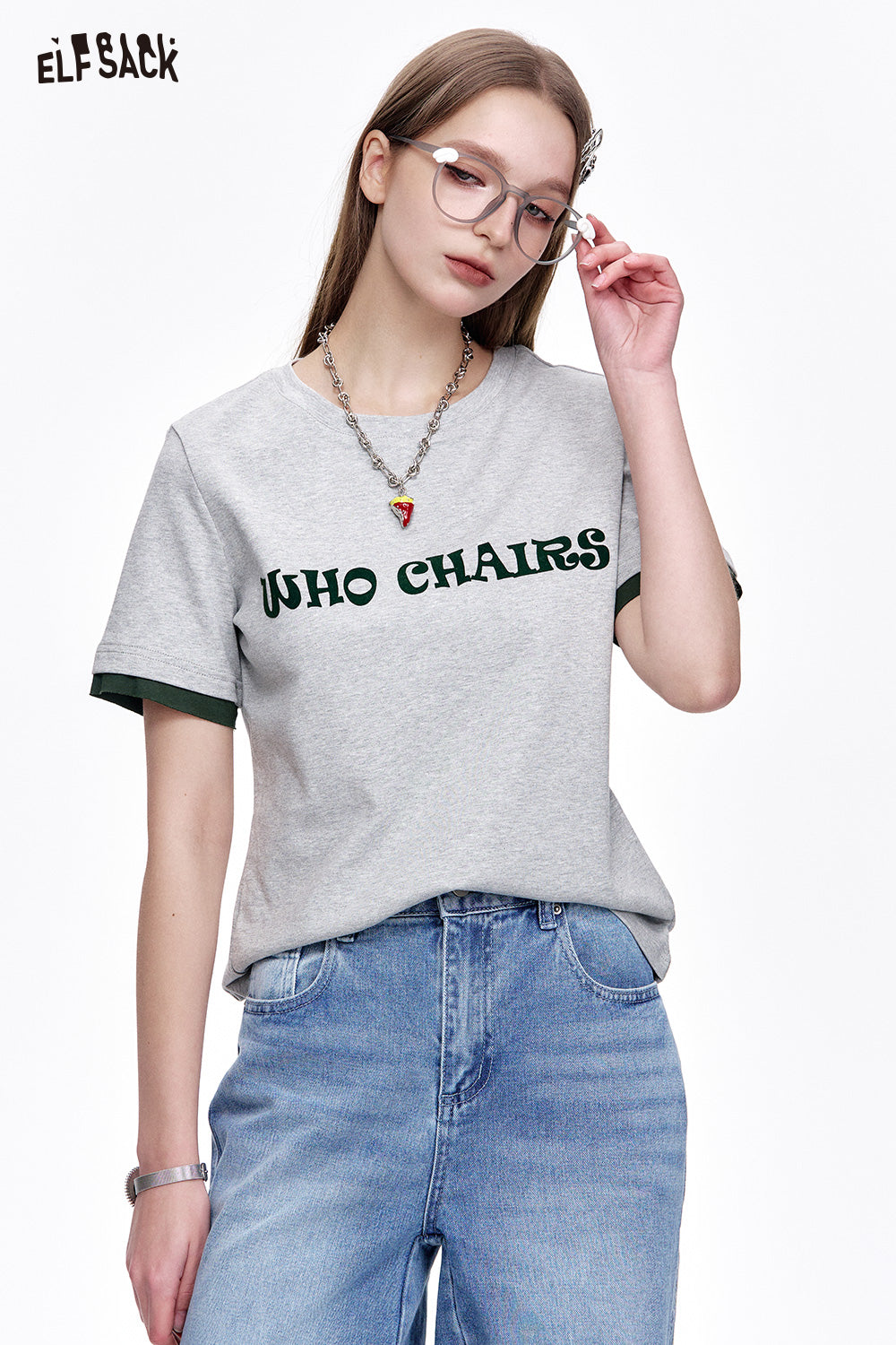 ELFSACK Versatile Letter Print Slim Fit Cotton Short Sleeve T-Shirt Women