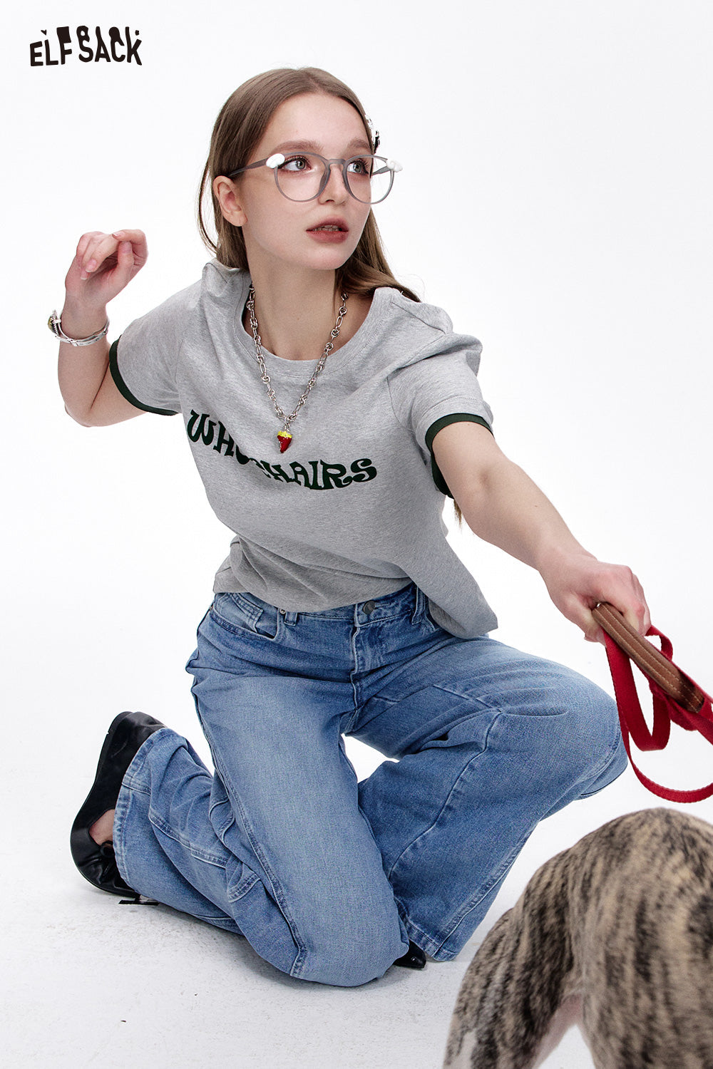 ELFSACK Versatile Letter Print Slim Fit Cotton Short Sleeve T-Shirt Women