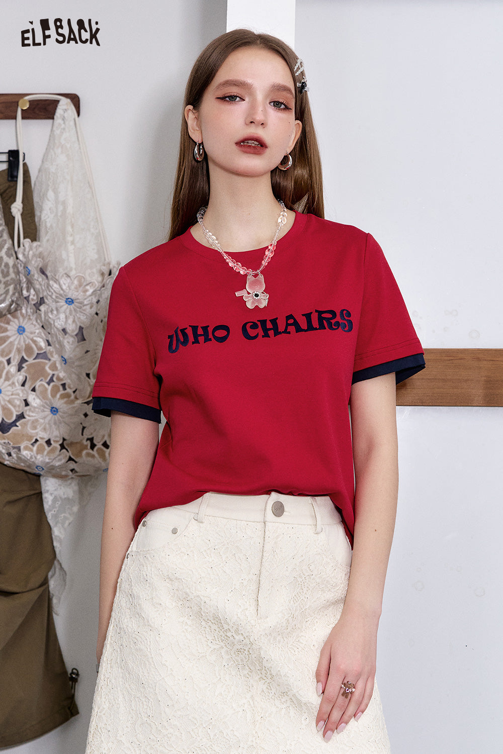 ELFSACK Versatile Letter Print Slim Fit Cotton Short Sleeve T-Shirt Women