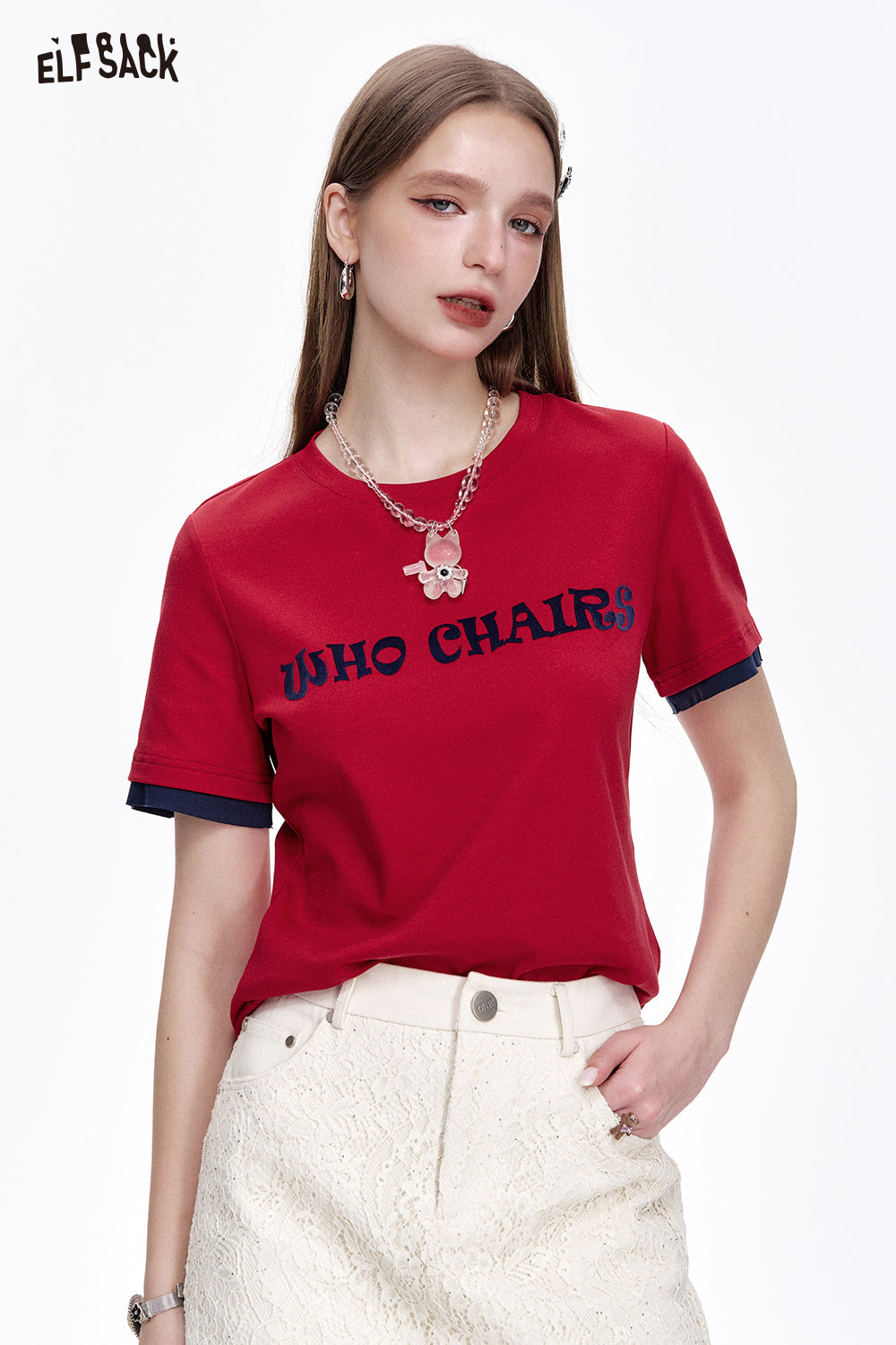 ELFSACK Versatile Letter Print Slim Fit Cotton Short Sleeve T-Shirt Women