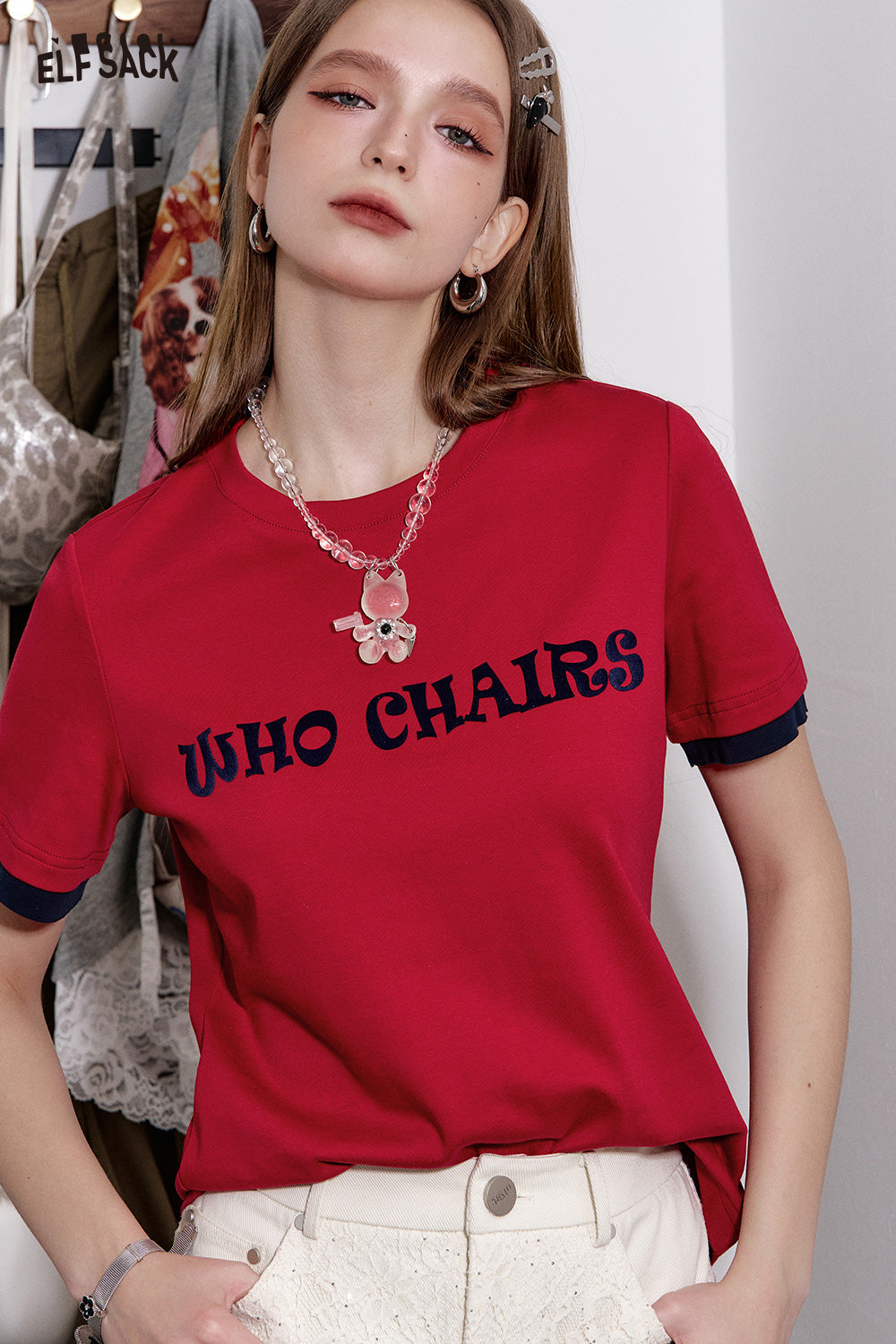 ELFSACK Versatile Letter Print Slim Fit Cotton Short Sleeve T-Shirt Women