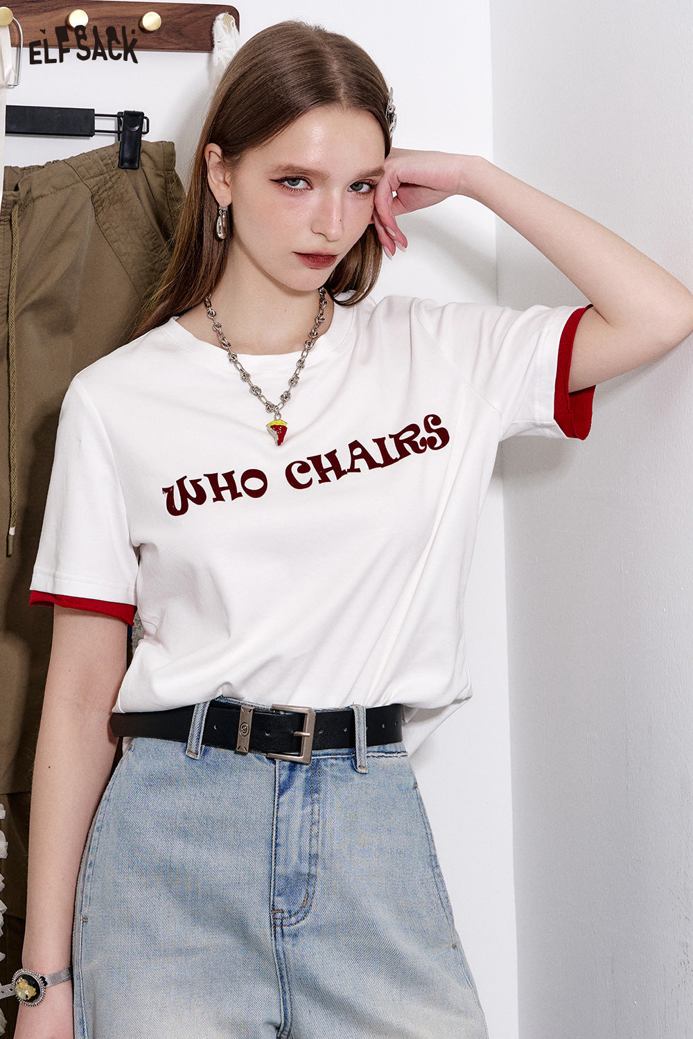 ELFSACK Versatile Letter Print Slim Fit Cotton Short Sleeve T-Shirt Women
