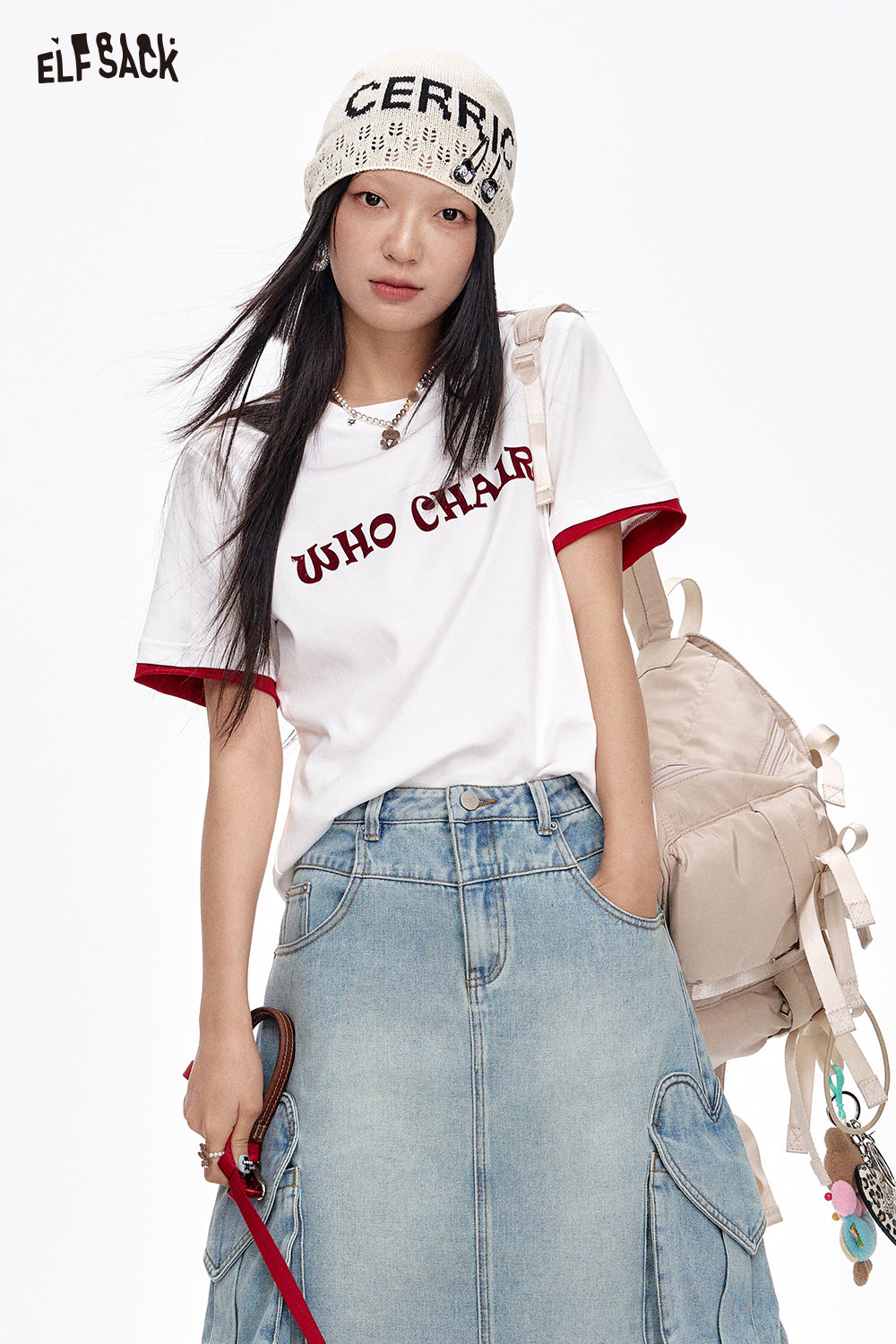 ELFSACK Versatile Letter Print Slim Fit Cotton Short Sleeve T-Shirt Women