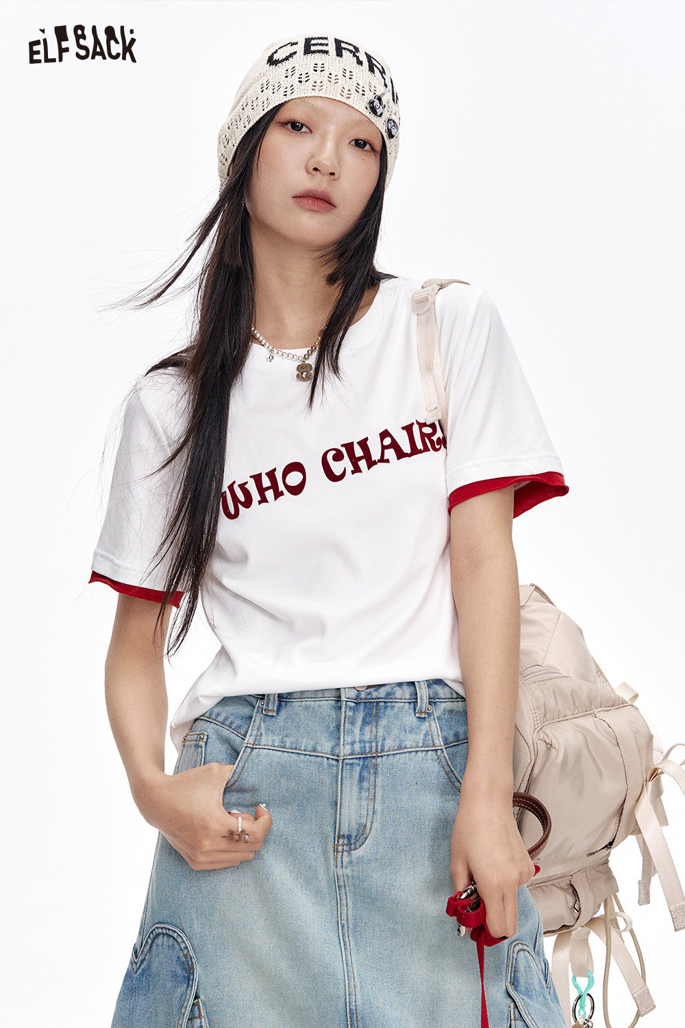ELFSACK Versatile Letter Print Slim Fit Cotton Short Sleeve T-Shirt Women