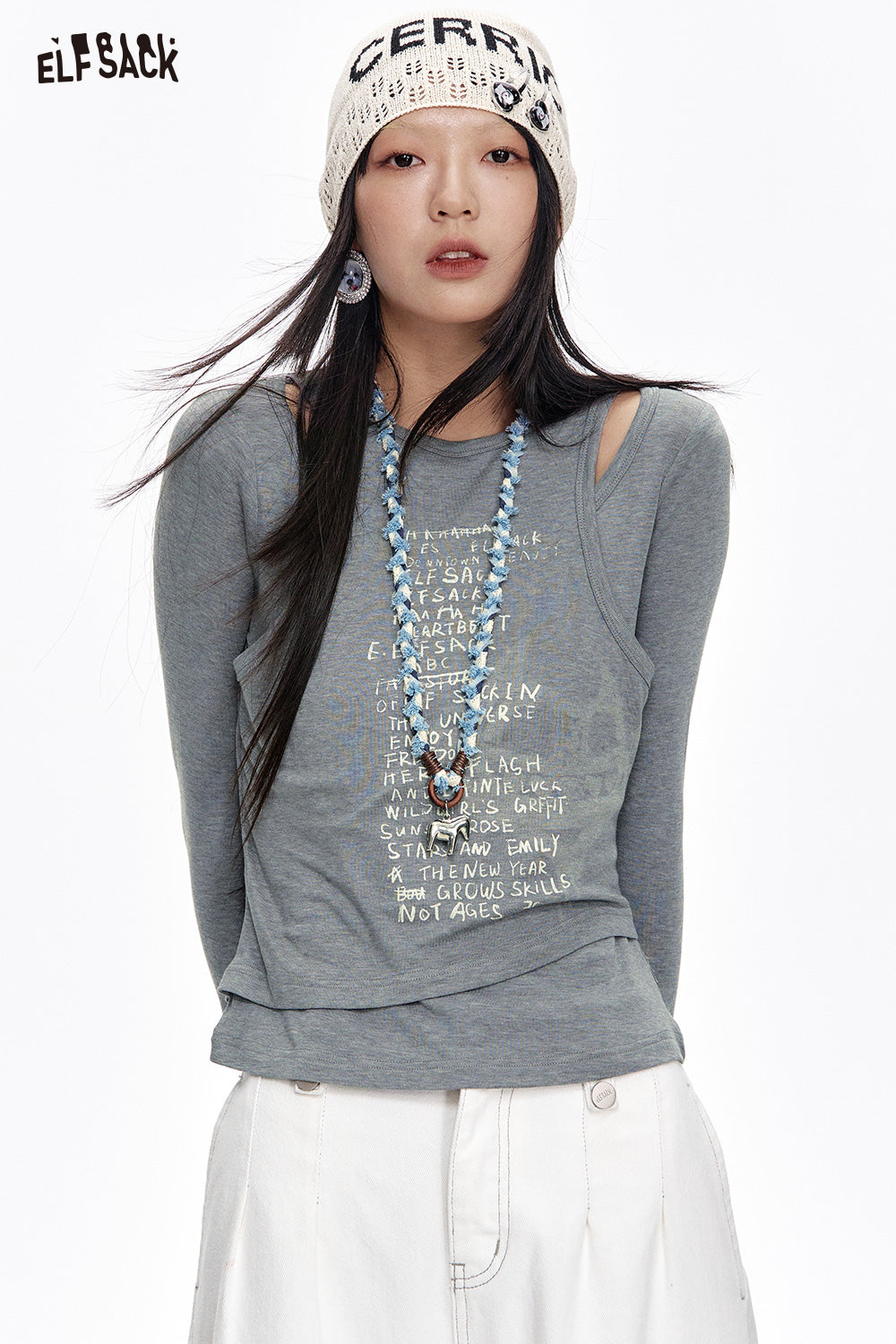 ELFSACK Fake Two-piece gray letter print long-sleeved T-shirt female casual college style slim fit top