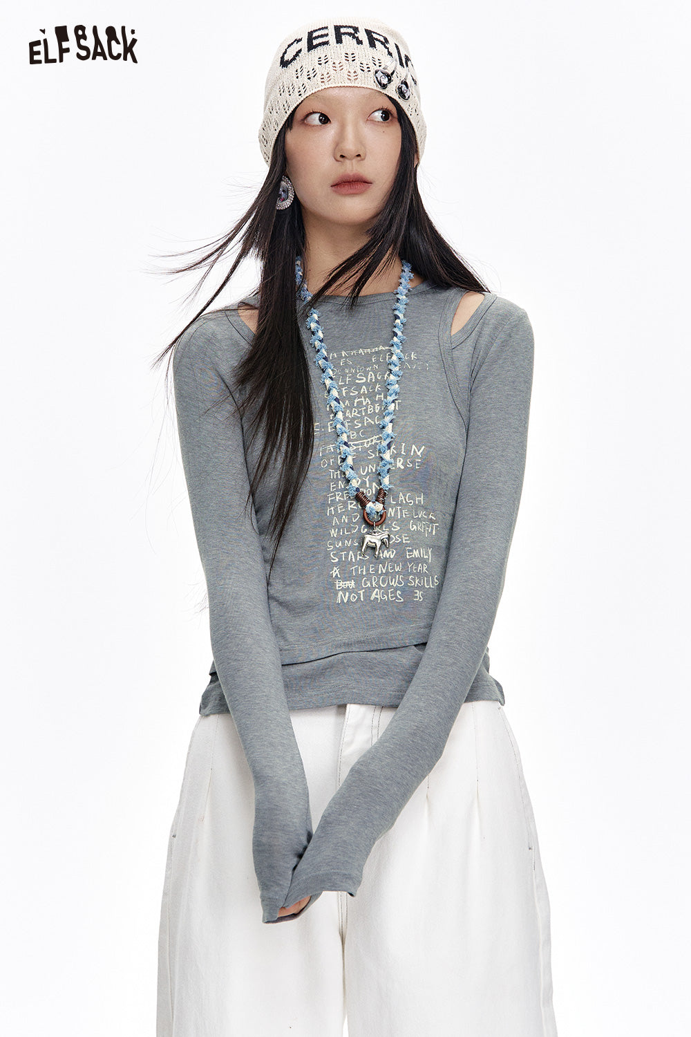 ELFSACK Fake Two-piece gray letter print long-sleeved T-shirt female casual college style slim fit top