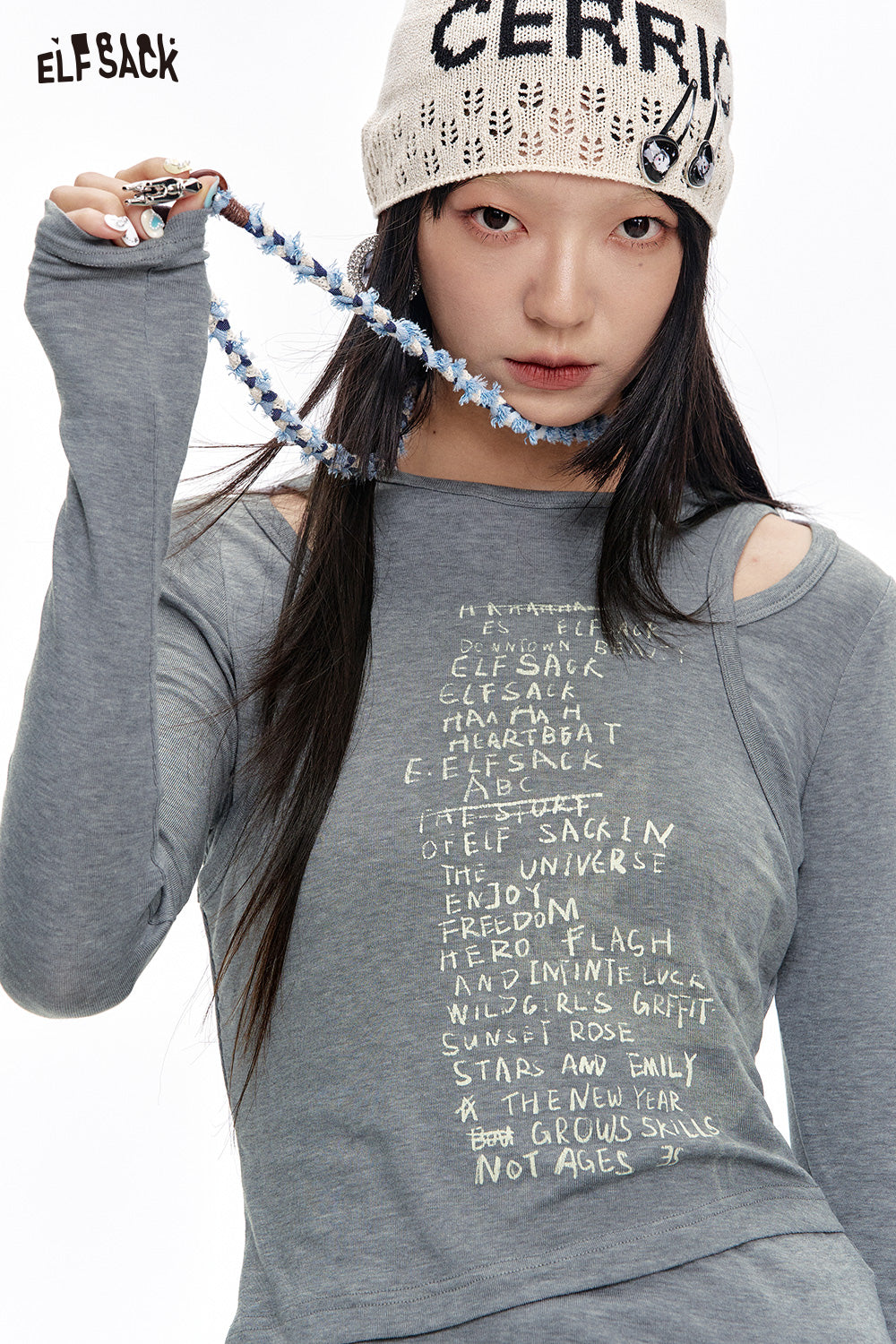 ELFSACK Fake Two-piece gray letter print long-sleeved T-shirt female casual college style slim fit top