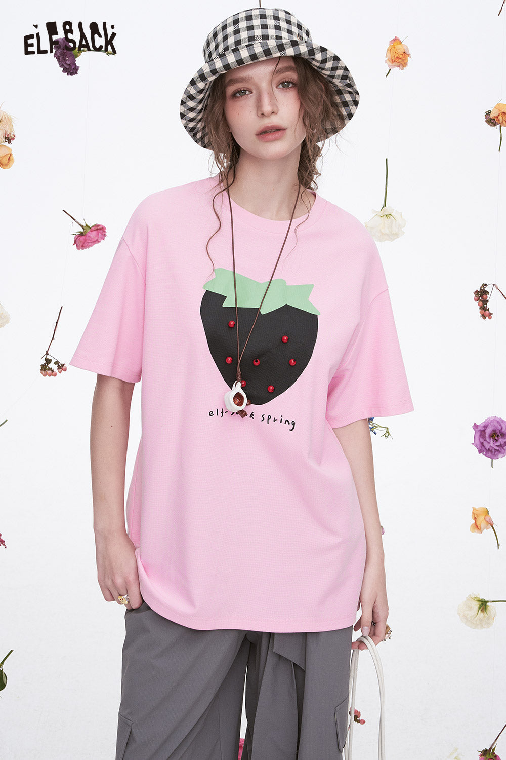 ELFSACK Y2K Sweet Strawberry Print Short Sleeve T-shirt Women Dopamine Loose Casual Top